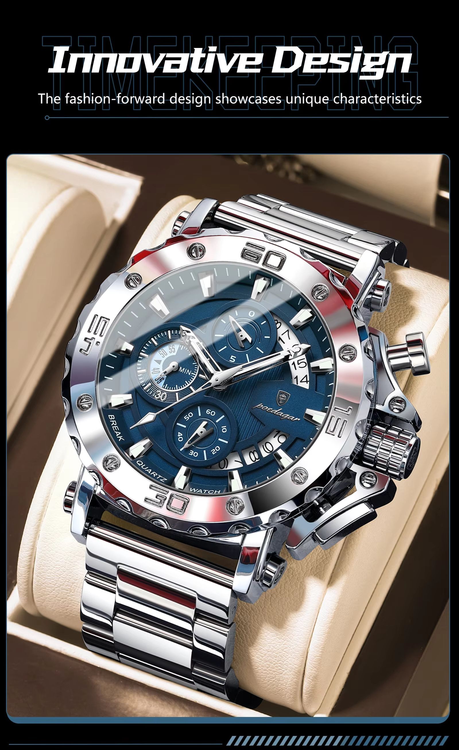 POEDAGAR 892 Top Brand Luxury Big Dial Stainless Steel Watch Luminous Waterproof Chronograph Wristwatches Date Relogio Masculino