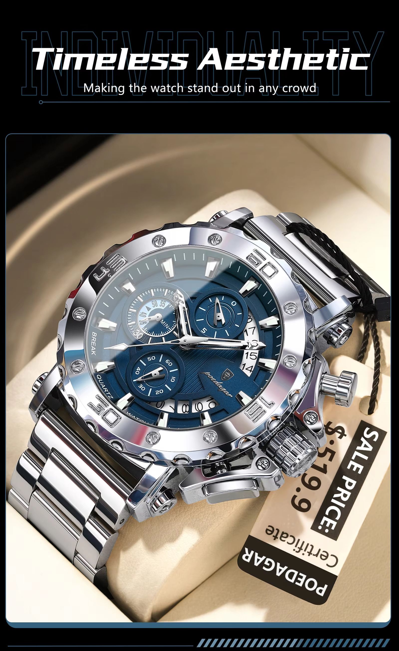POEDAGAR 892 Top Brand Luxury Big Dial Stainless Steel Watch Luminous Waterproof Chronograph Wristwatches Date Relogio Masculino