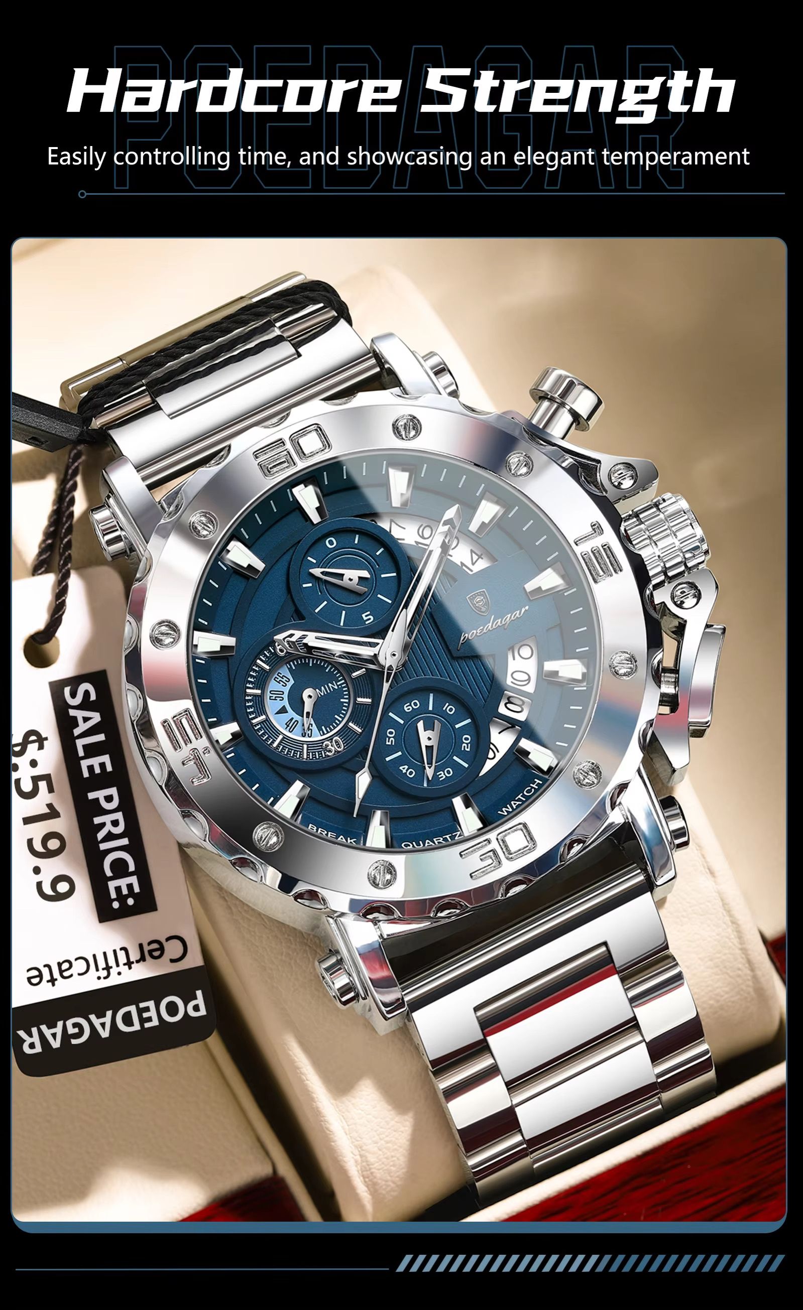 POEDAGAR 892 Top Brand Luxury Big Dial Stainless Steel Watch Luminous Waterproof Chronograph Wristwatches Date Relogio Masculino