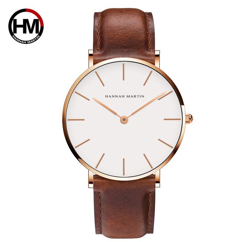 New Hannah Martin CB01 Men's Women's Wristwatch Rose Gold Case Waterproof Alloy Buckle Leather Strap Glass Pointer
