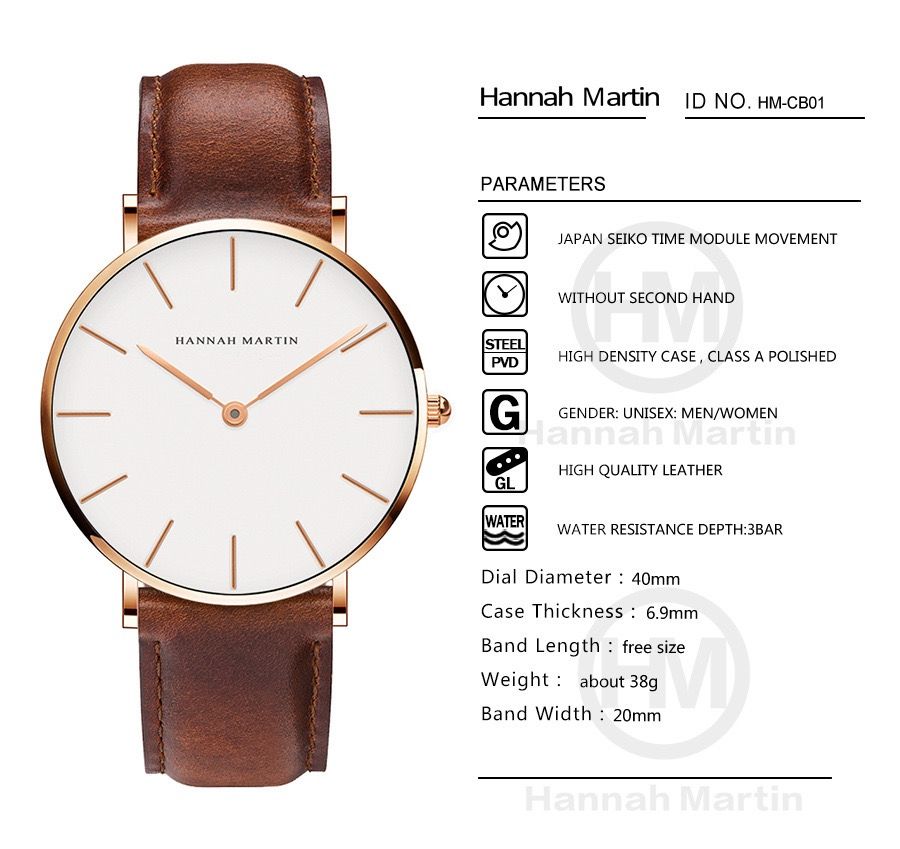 New Hannah Martin CB01 Men's Women's Wristwatch Rose Gold Case Waterproof Alloy Buckle Leather Strap Glass Pointer
