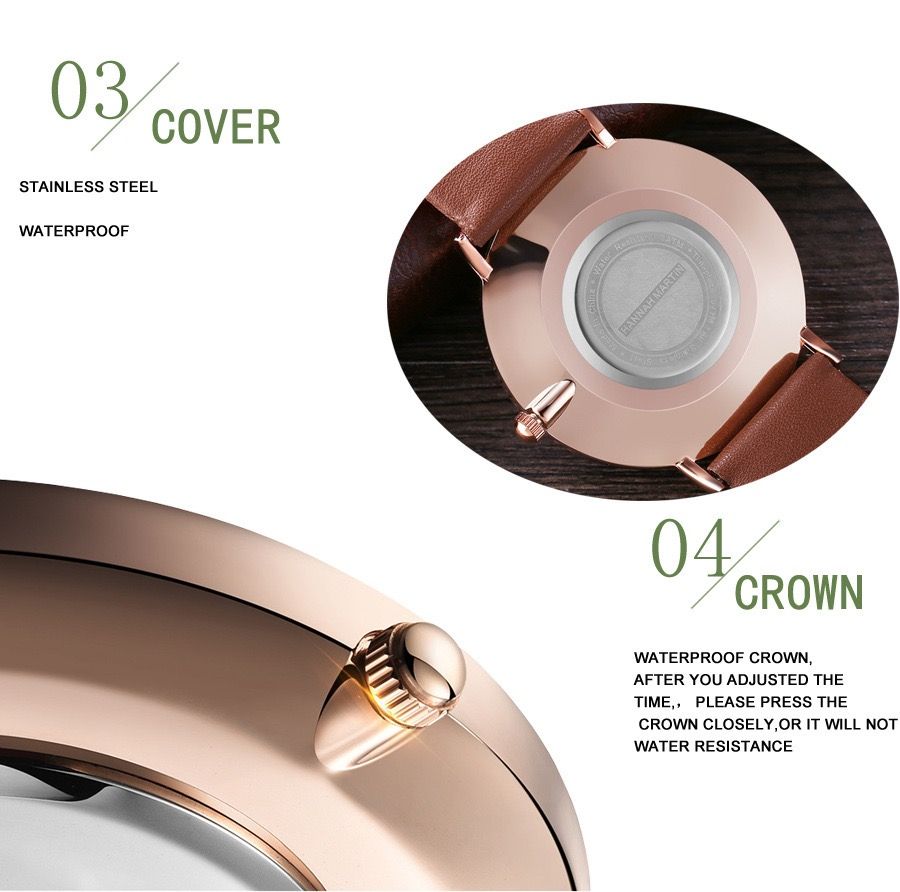 New Hannah Martin CB01 Men's Women's Wristwatch Rose Gold Case Waterproof Alloy Buckle Leather Strap Glass Pointer