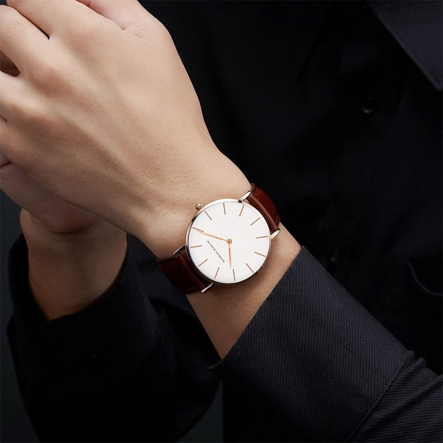 New Hannah Martin CB01 Men's Women's Wristwatch Rose Gold Case Waterproof Alloy Buckle Leather Strap Glass Pointer