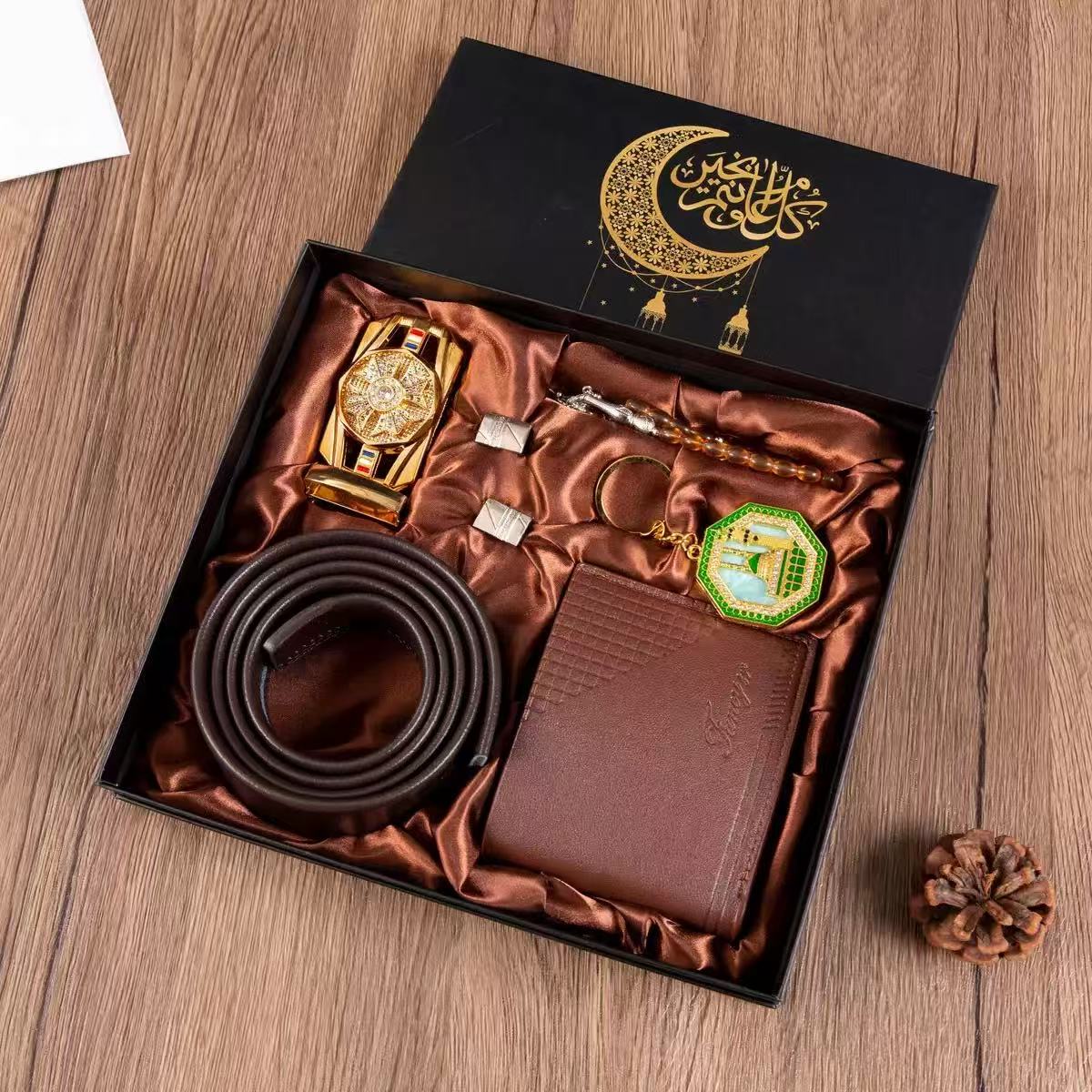 2026 Trading Products Luxury Business Watch Black Gift Set Mens PU Leather Wallet and Belt Father's Day Gift Set with Keychain
