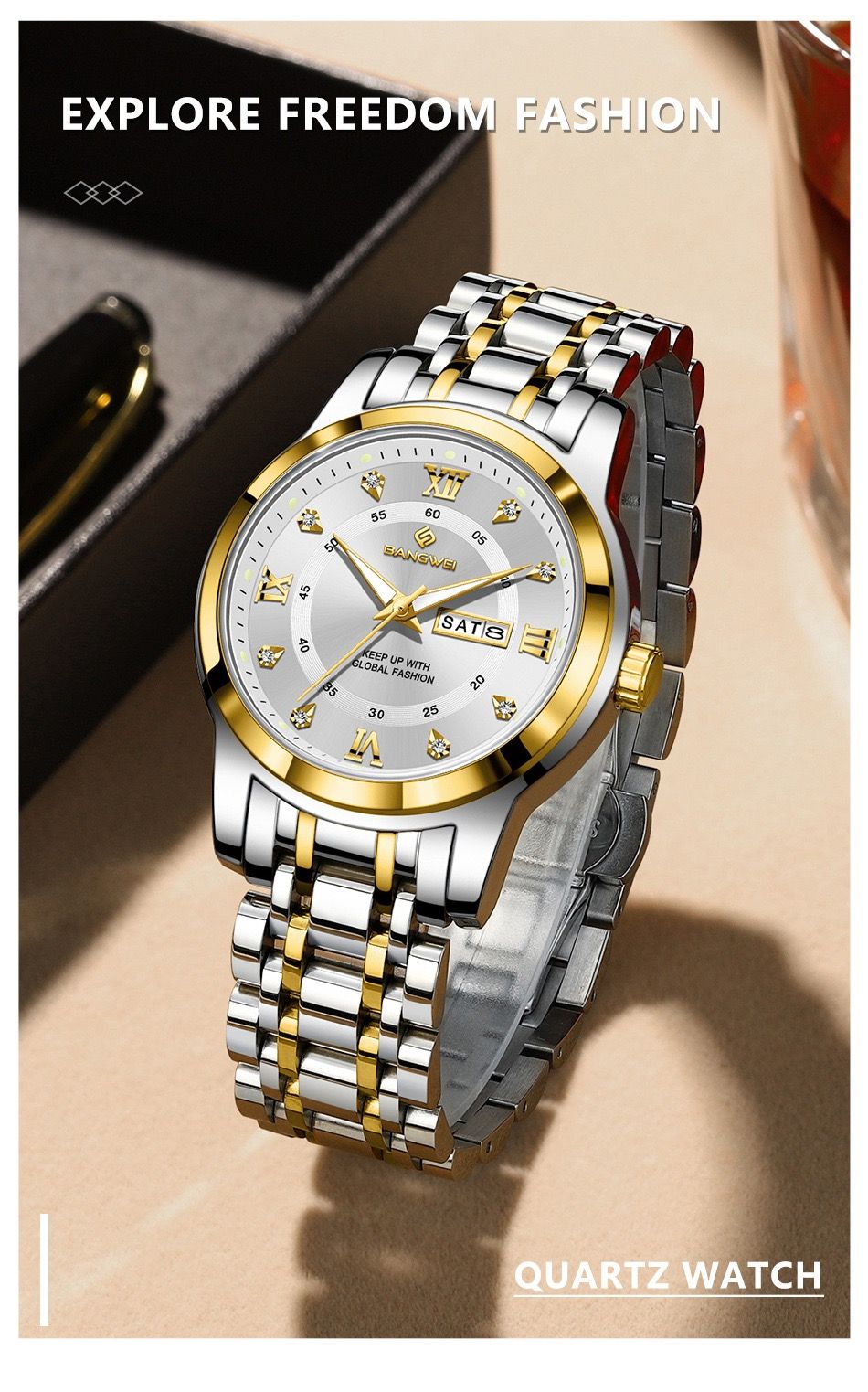 LIGE BW8836 41mm Dial Watch for Men Date Week Luxury Diamond Quartz Luminous Stainless Steel Waterproof WristWatch Gift for Male
