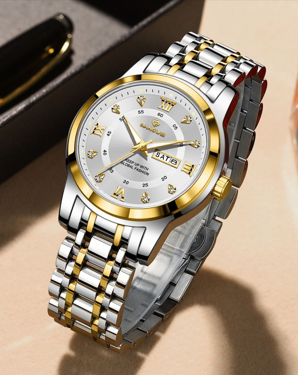 LIGE BW8836 41mm Dial Watch for Men Date Week Luxury Diamond Quartz Luminous Stainless Steel Waterproof WristWatch Gift for Male
