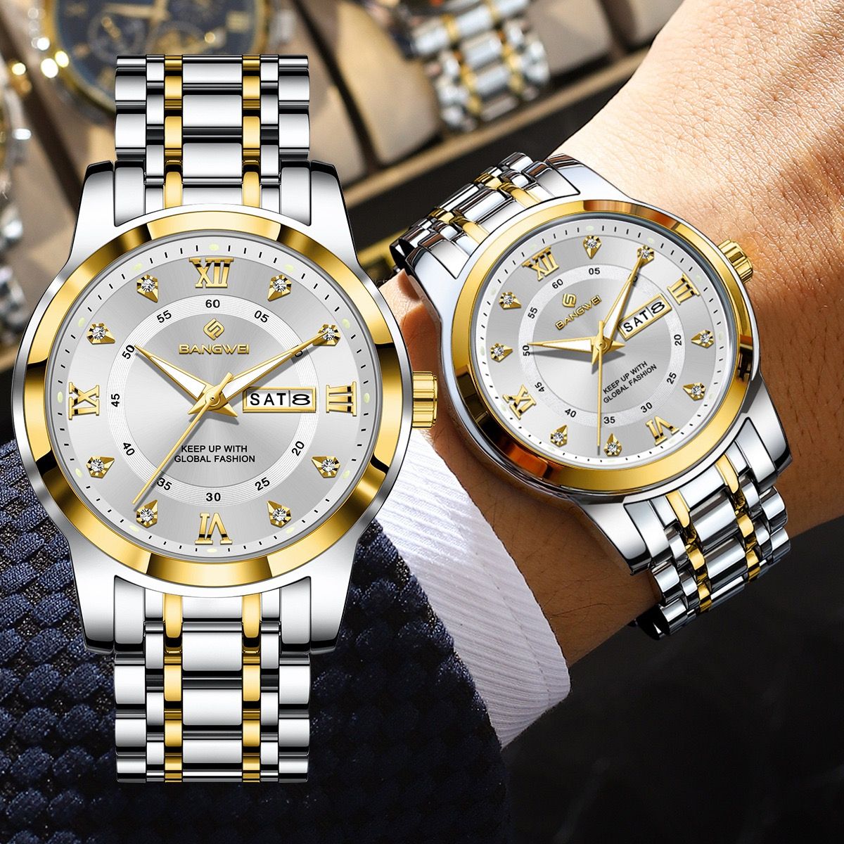 LIGE BW8836 41mm Dial Watch for Men Date Week Luxury Diamond Quartz Luminous Stainless Steel Waterproof WristWatch Gift for Male