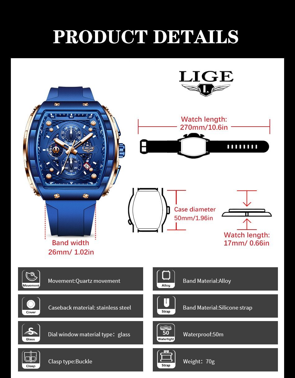 Lige Lg89148 Special Men'S Sports Quartz Watch Multifunctional Luminous Waterproof Calendar Six-Pin Business Quartz Watch