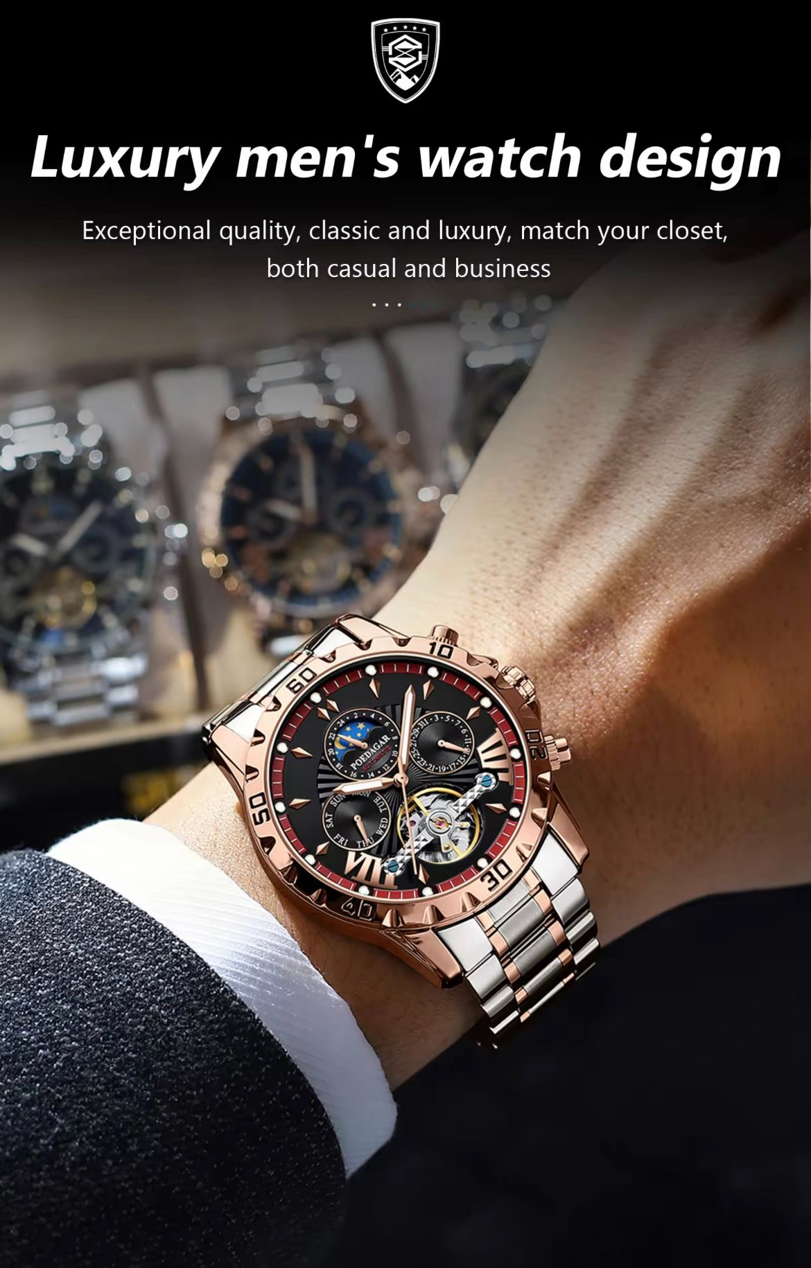 POEDAGAR 1410 Automatic Mechanical Watch for Men Hollow Tourbillon Waterproof Luminous Date Week Stainless Steel Men's Watches