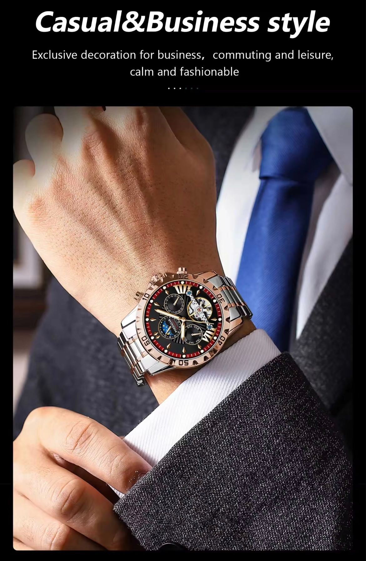 POEDAGAR 1410 Automatic Mechanical Watch for Men Hollow Tourbillon Waterproof Luminous Date Week Stainless Steel Men's Watches