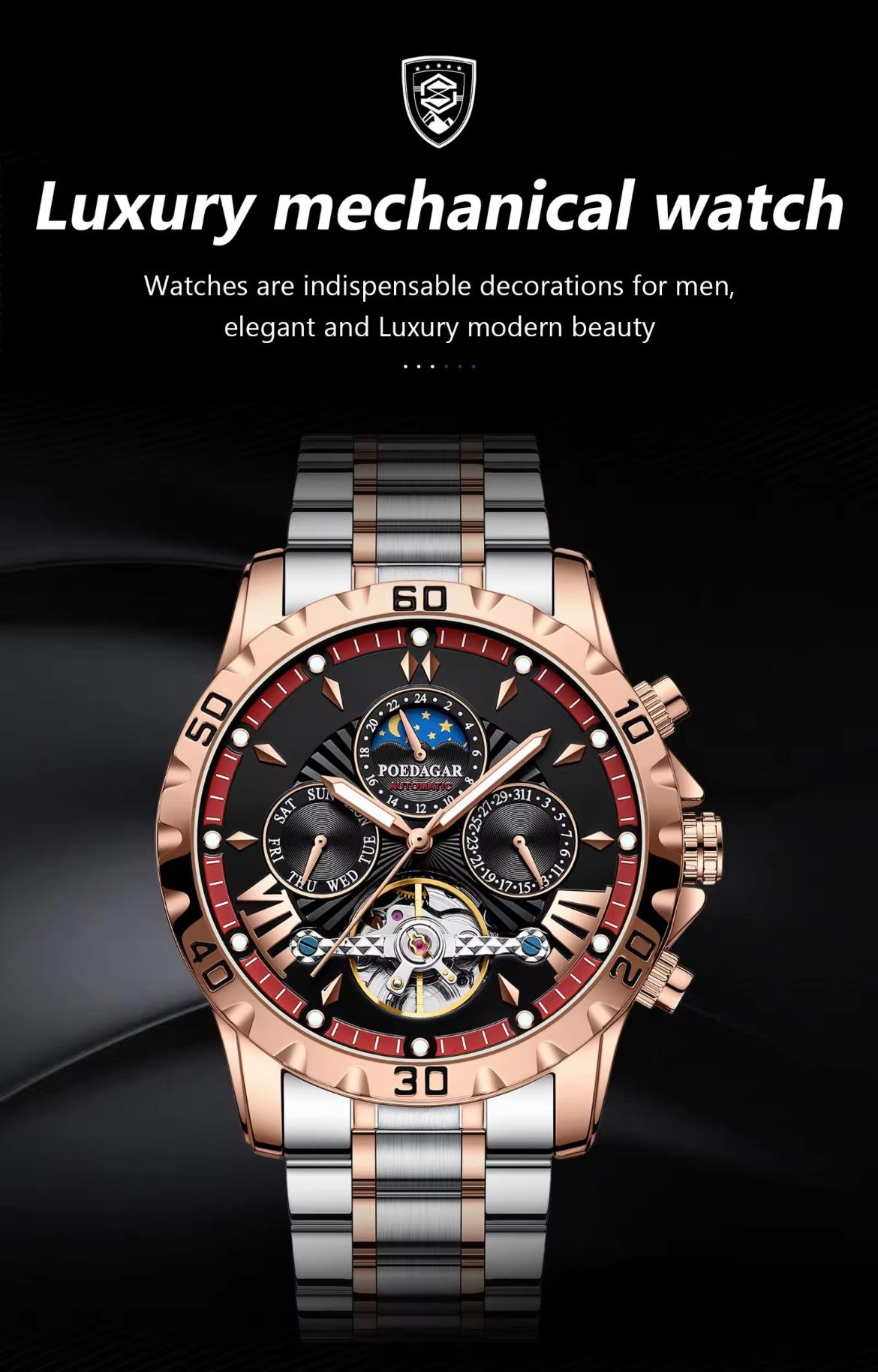 POEDAGAR 1410 Automatic Mechanical Watch for Men Hollow Tourbillon Waterproof Luminous Date Week Stainless Steel Men's Watches
