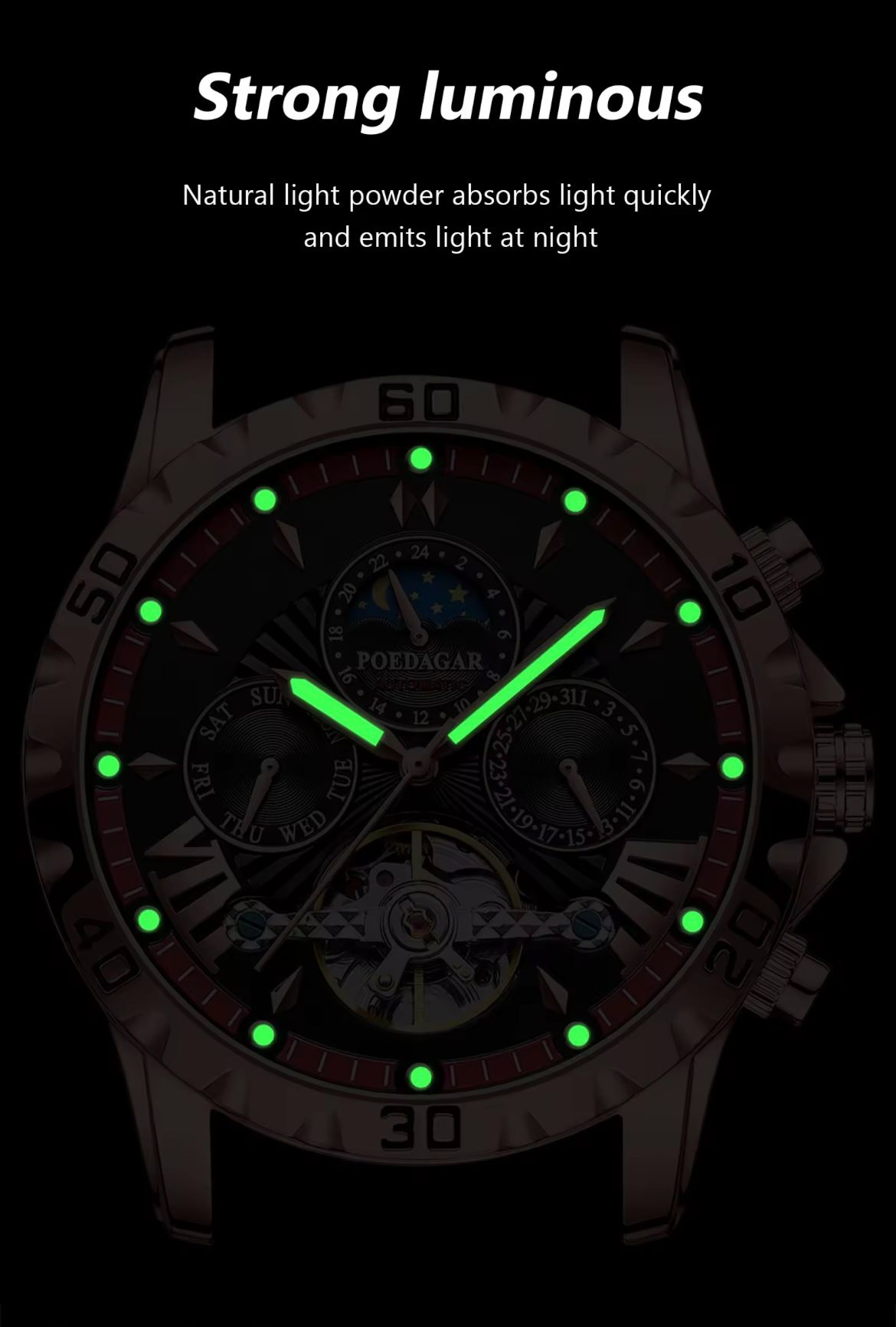 POEDAGAR 1410 Automatic Mechanical Watch for Men Hollow Tourbillon Waterproof Luminous Date Week Stainless Steel Men's Watches