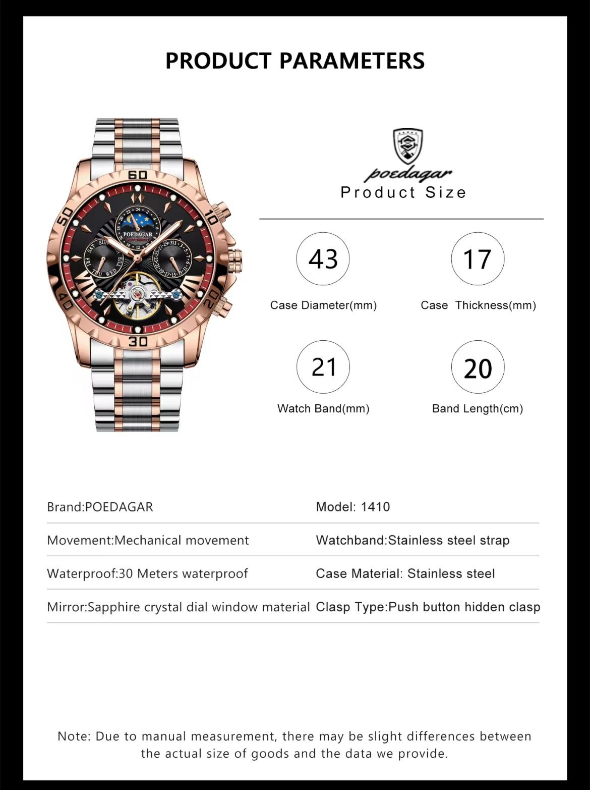 POEDAGAR 1410 Automatic Mechanical Watch for Men Hollow Tourbillon Waterproof Luminous Date Week Stainless Steel Men's Watches