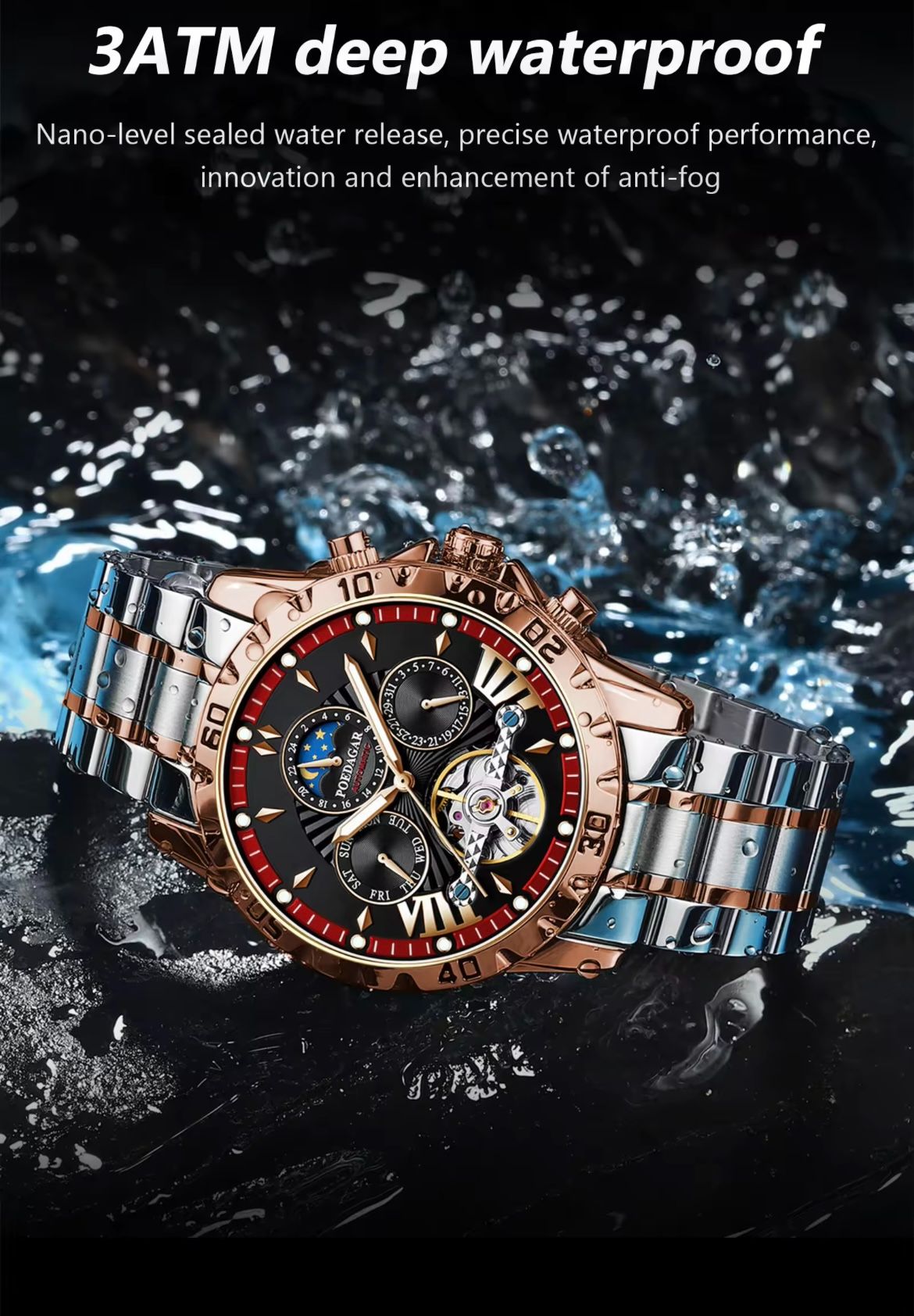 POEDAGAR 1410 Automatic Mechanical Watch for Men Hollow Tourbillon Waterproof Luminous Date Week Stainless Steel Men's Watches