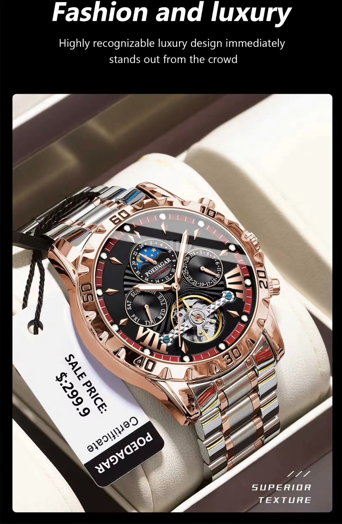 POEDAGAR 1410 Automatic Mechanical Watch for Men Hollow Tourbillon Waterproof Luminous Date Week Stainless Steel Men's Watches