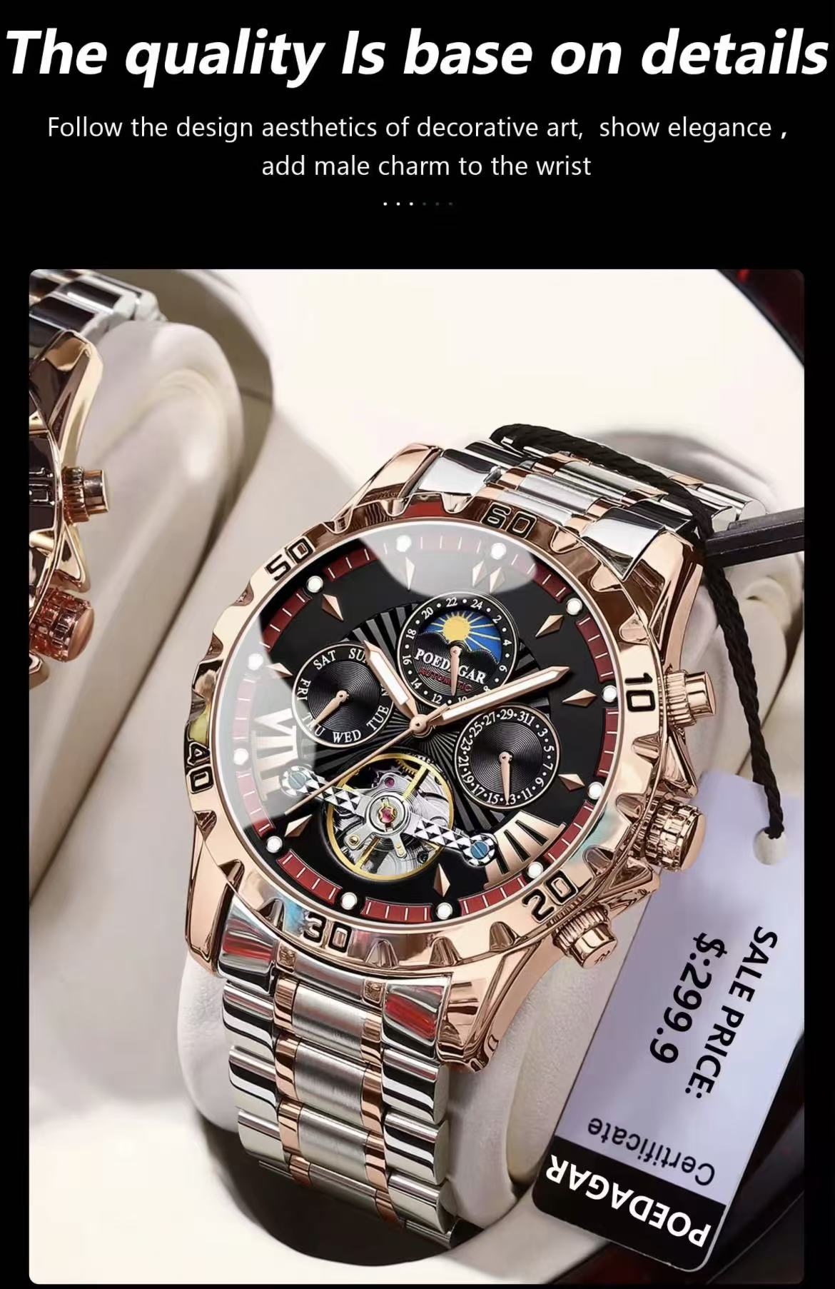 POEDAGAR 1410 Automatic Mechanical Watch for Men Hollow Tourbillon Waterproof Luminous Date Week Stainless Steel Men's Watches