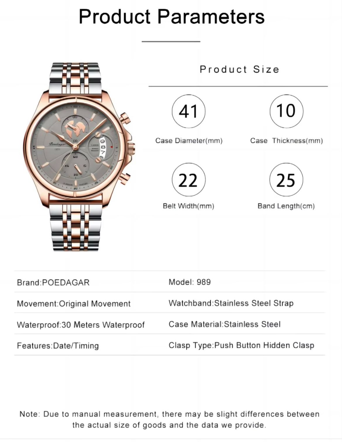 Poedagar 989  Top High Quality Watch for Men Classic Stainless Steel Mens Watch Waterproof Luminous Quartz Watches