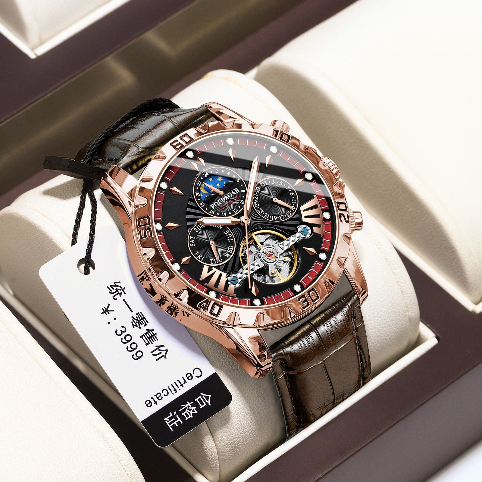 POEDAGAR 1410 Tourbillon Automatic Mechanical Wristwatch Men Waterproof Luminous Leather Strap Men's Clock Luxury Watch for Man