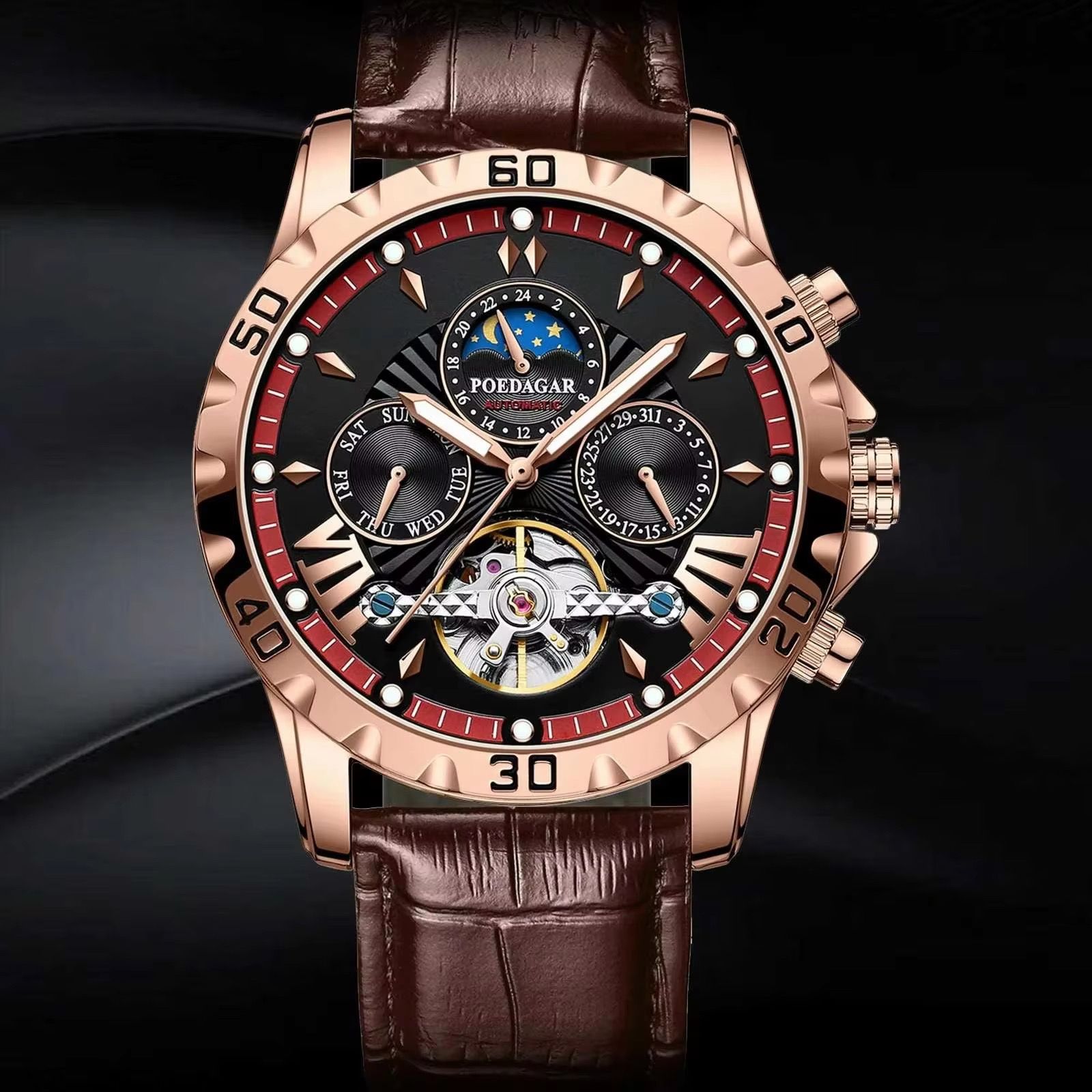 POEDAGAR 1410 Tourbillon Automatic Mechanical Wristwatch Men Waterproof Luminous Leather Strap Men's Clock Luxury Watch for Man