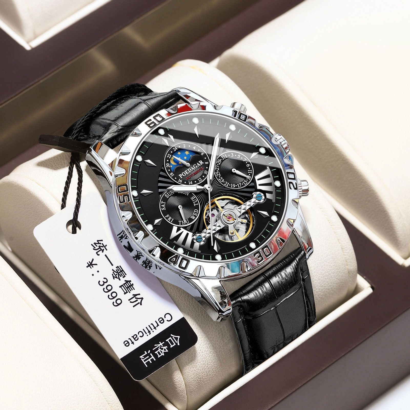 POEDAGAR 1410 Tourbillon Automatic Mechanical Wristwatch Men Waterproof Luminous Leather Strap Men's Clock Luxury Watch for Man