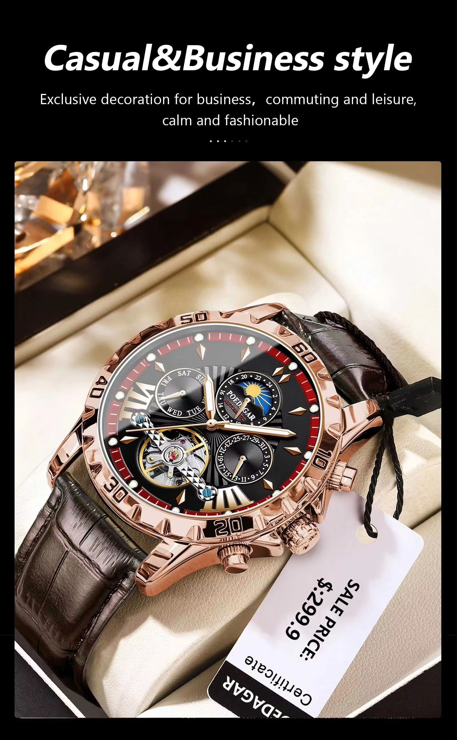 POEDAGAR 1410 Tourbillon Automatic Mechanical Wristwatch Men Waterproof Luminous Leather Strap Men's Clock Luxury Watch for Man