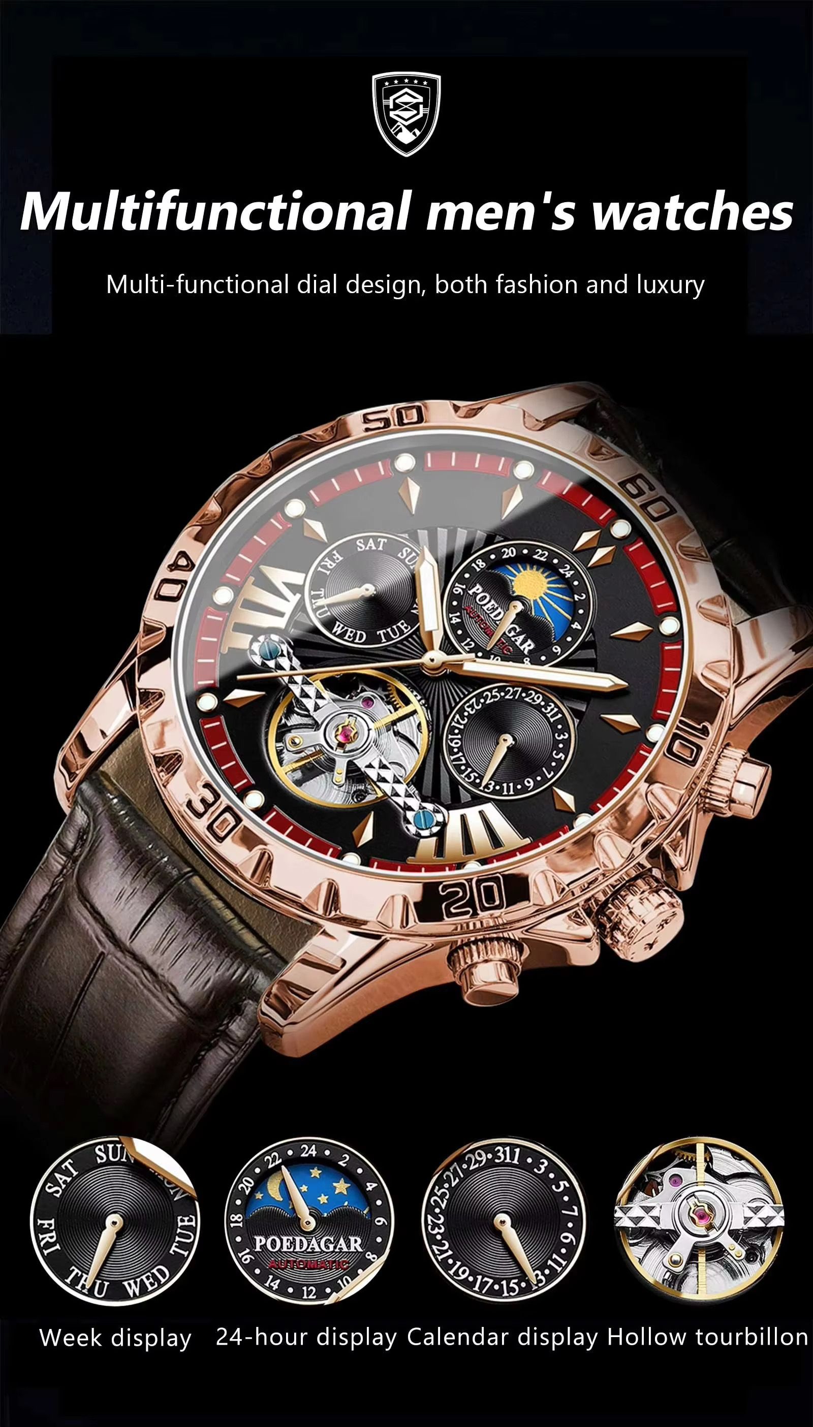 POEDAGAR 1410 Tourbillon Automatic Mechanical Wristwatch Men Waterproof Luminous Leather Strap Men's Clock Luxury Watch for Man