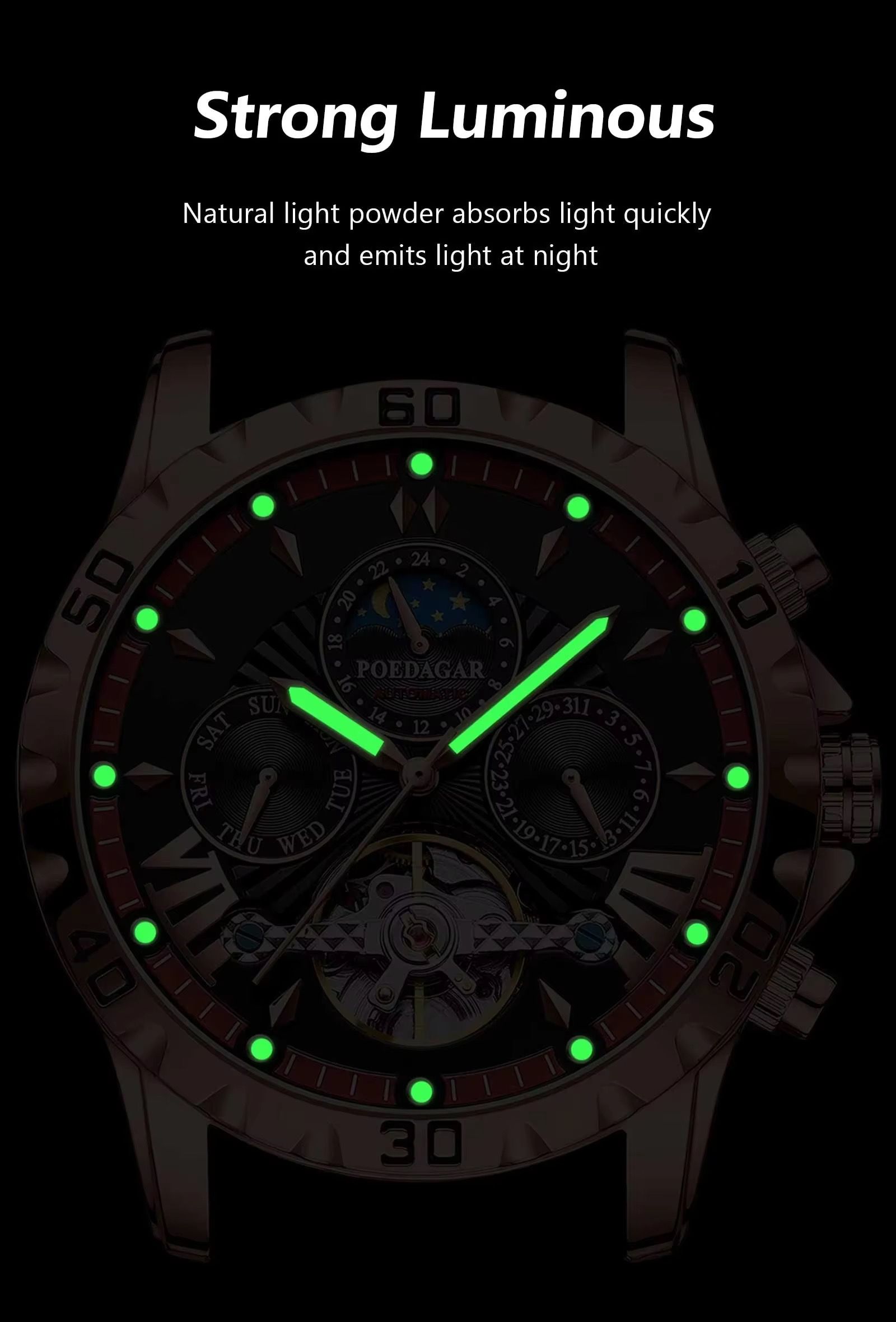 POEDAGAR 1410 Tourbillon Automatic Mechanical Wristwatch Men Waterproof Luminous Leather Strap Men's Clock Luxury Watch for Man