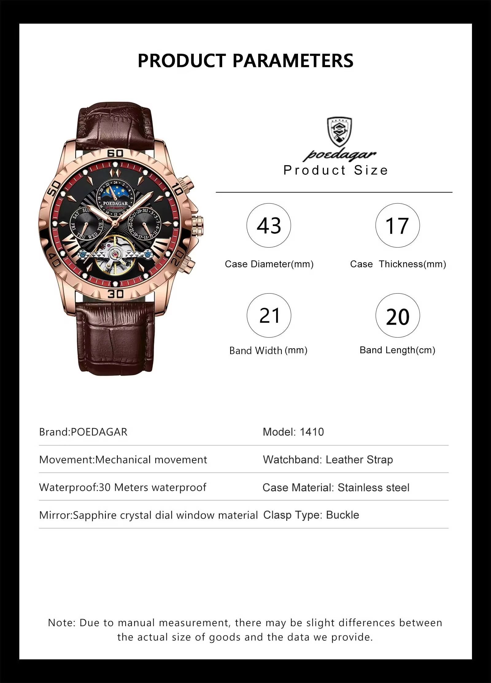 POEDAGAR 1410 Tourbillon Automatic Mechanical Wristwatch Men Waterproof Luminous Leather Strap Men's Clock Luxury Watch for Man