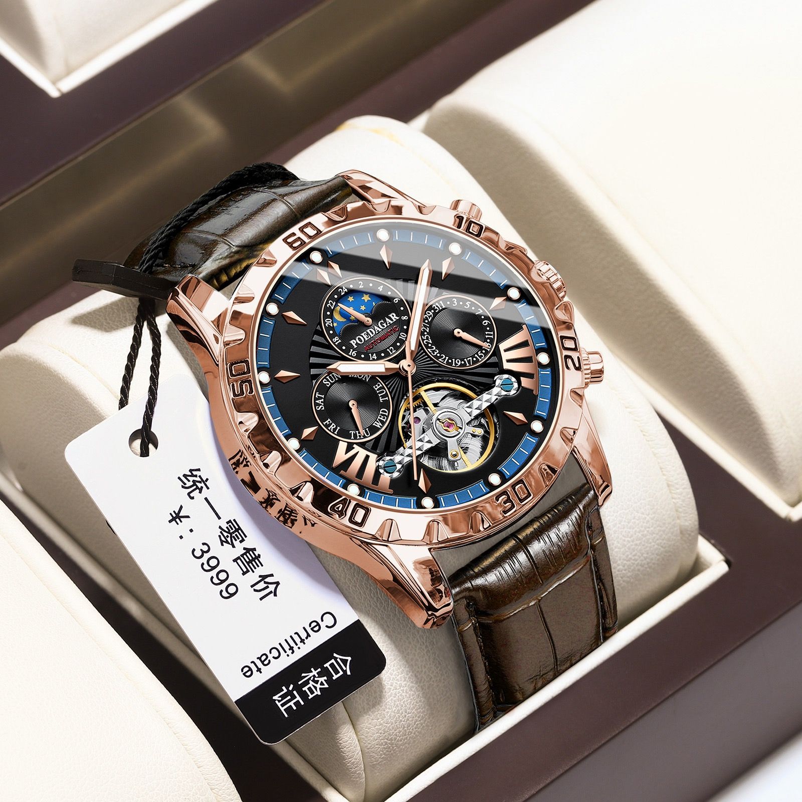 POEDAGAR 1410 Tourbillon Automatic Mechanical Wristwatch Men Waterproof Luminous Leather Strap Men's Clock Luxury Watch for Man