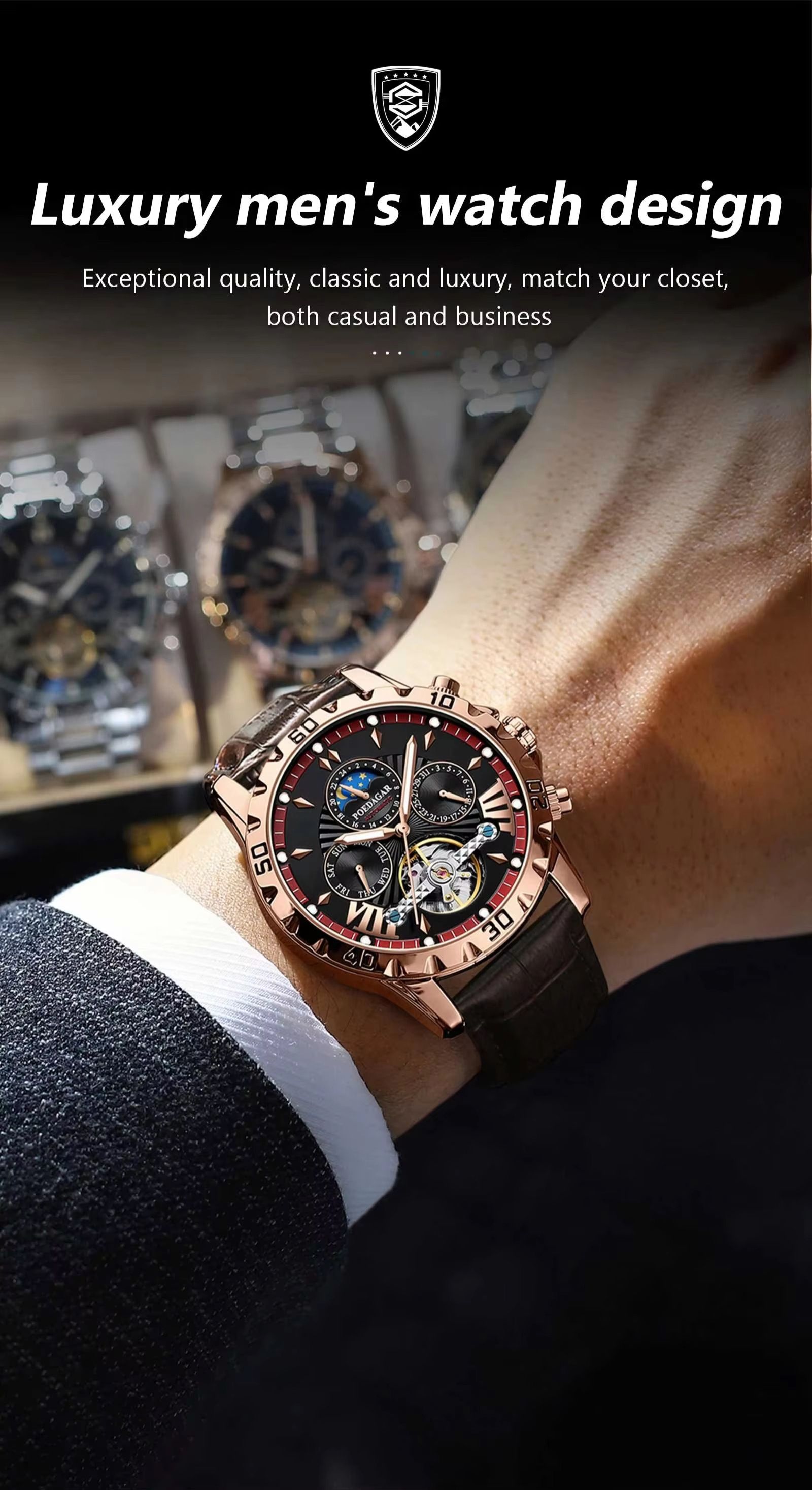 POEDAGAR 1410 Tourbillon Automatic Mechanical Wristwatch Men Waterproof Luminous Leather Strap Men's Clock Luxury Watch for Man