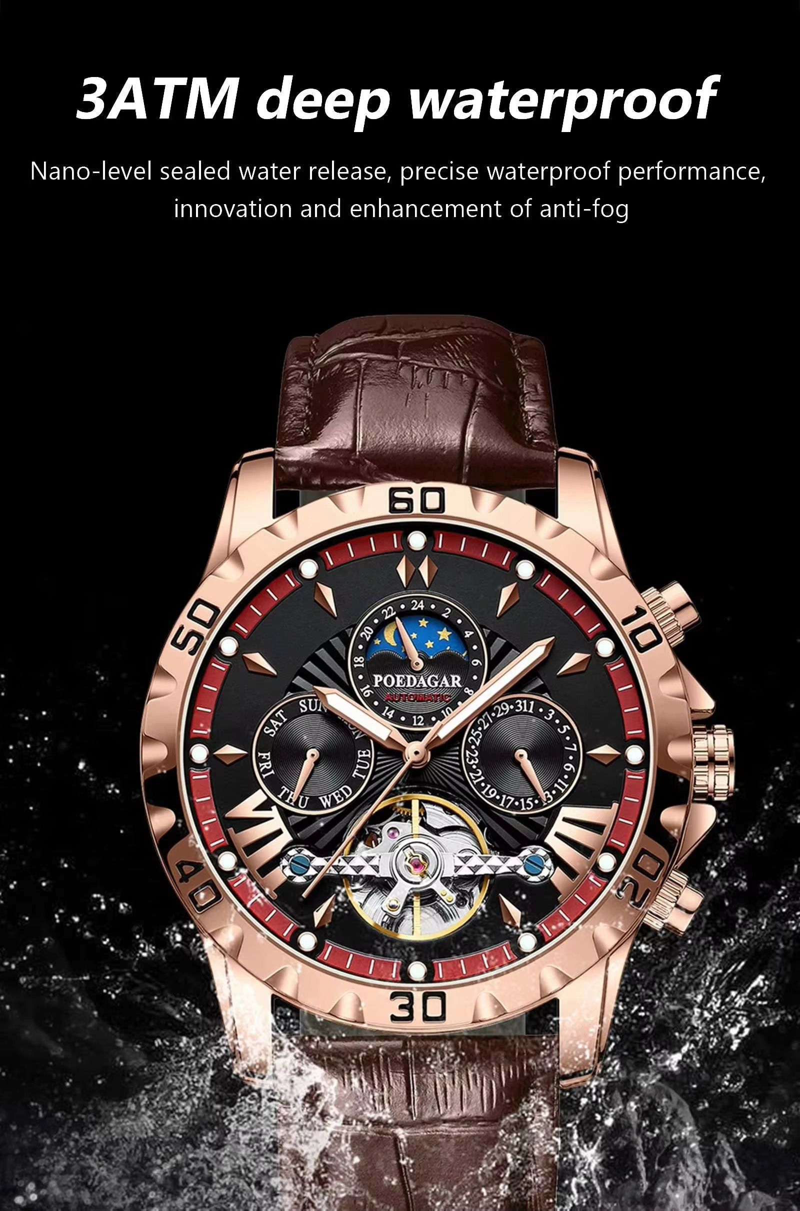 POEDAGAR 1410 Tourbillon Automatic Mechanical Wristwatch Men Waterproof Luminous Leather Strap Men's Clock Luxury Watch for Man