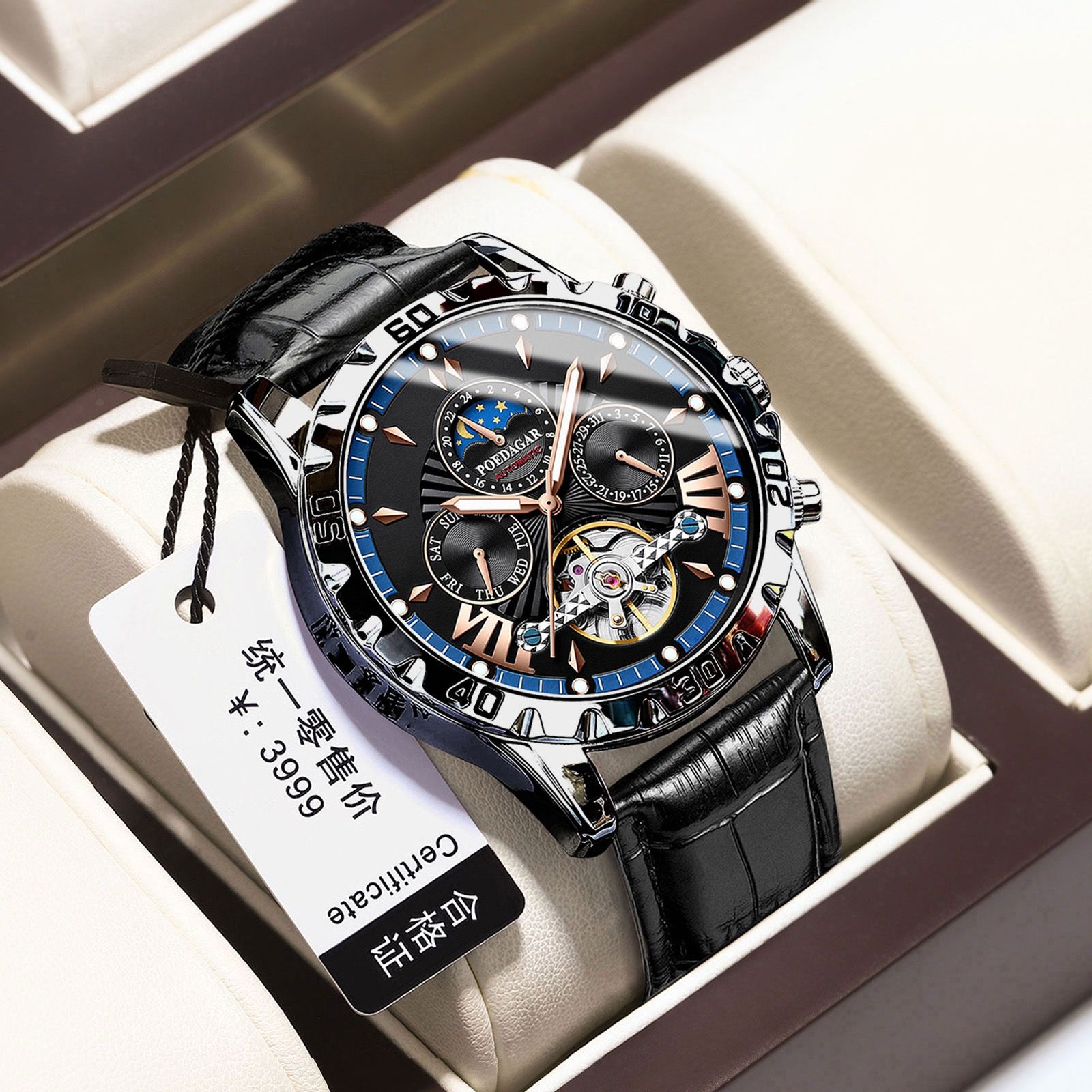 POEDAGAR 1410 Tourbillon Automatic Mechanical Wristwatch Men Waterproof Luminous Leather Strap Men's Clock Luxury Watch for Man