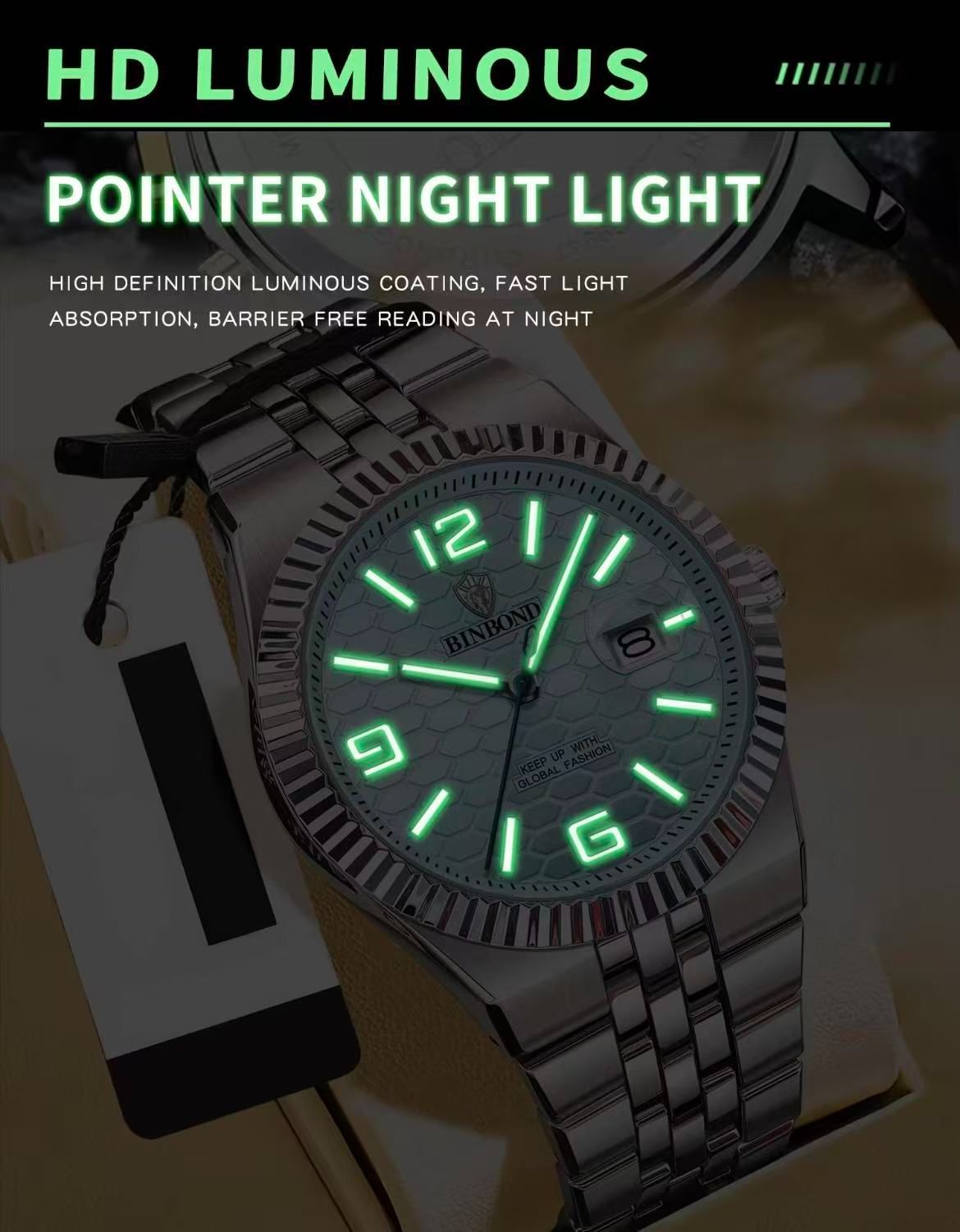 Binbond B8181 Men'S Quartz Watch, 40Mm Stainless Steel Wristwatch With 30M Waterproof, Classic Business Style