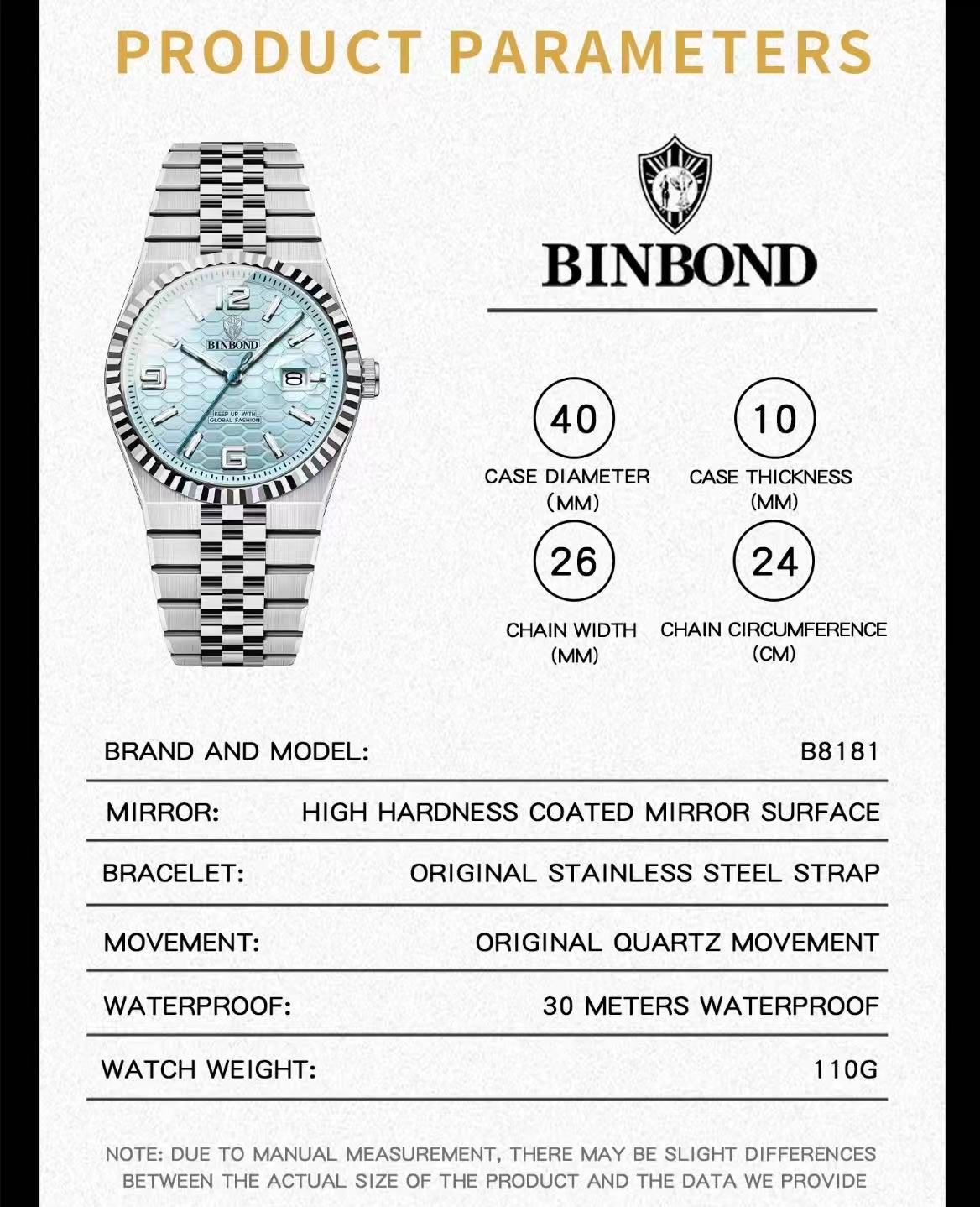Binbond B8181 Men'S Quartz Watch, 40Mm Stainless Steel Wristwatch With 30M Waterproof, Classic Business Style