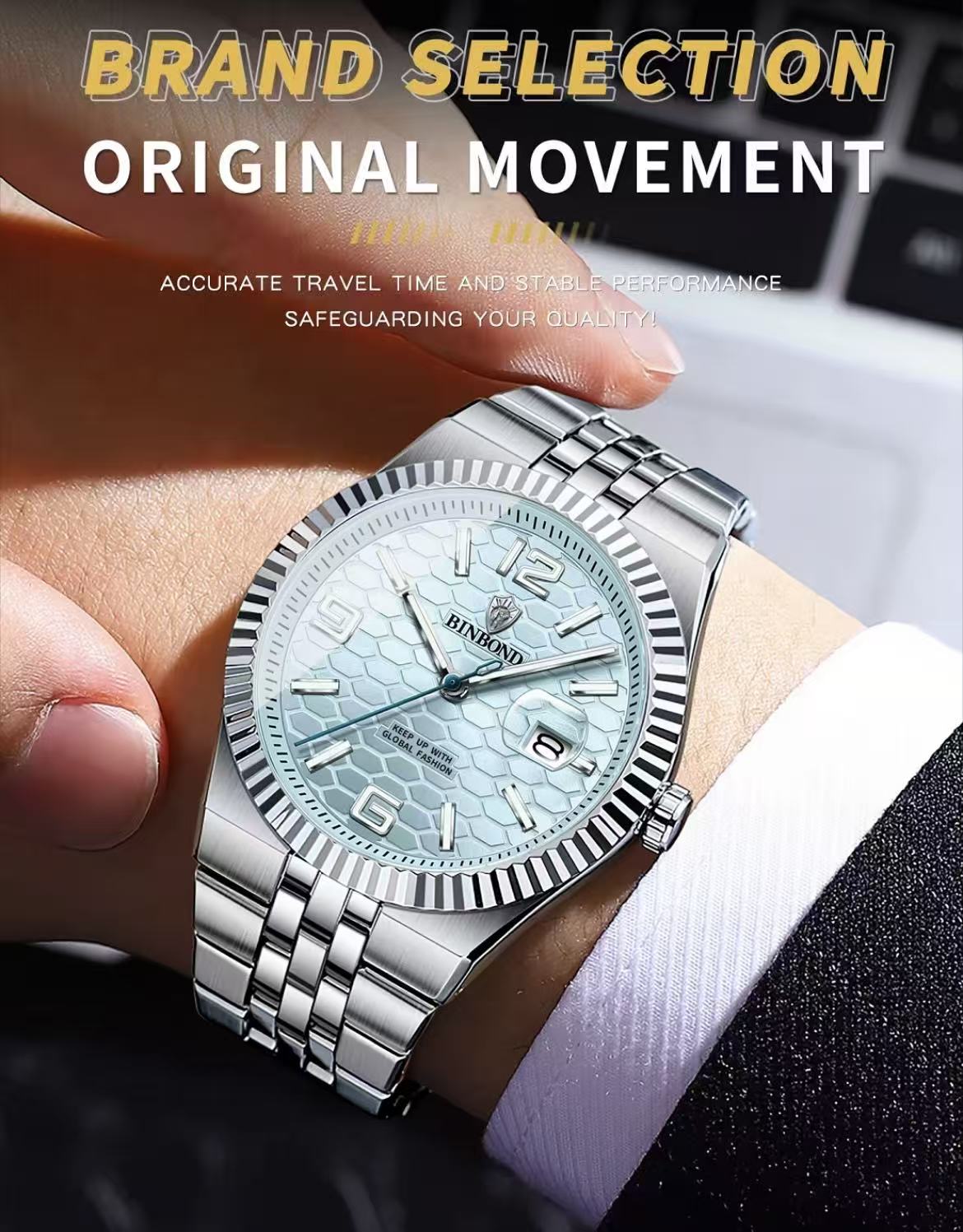 Binbond B8181 Men'S Quartz Watch, 40Mm Stainless Steel Wristwatch With 30M Waterproof, Classic Business Style