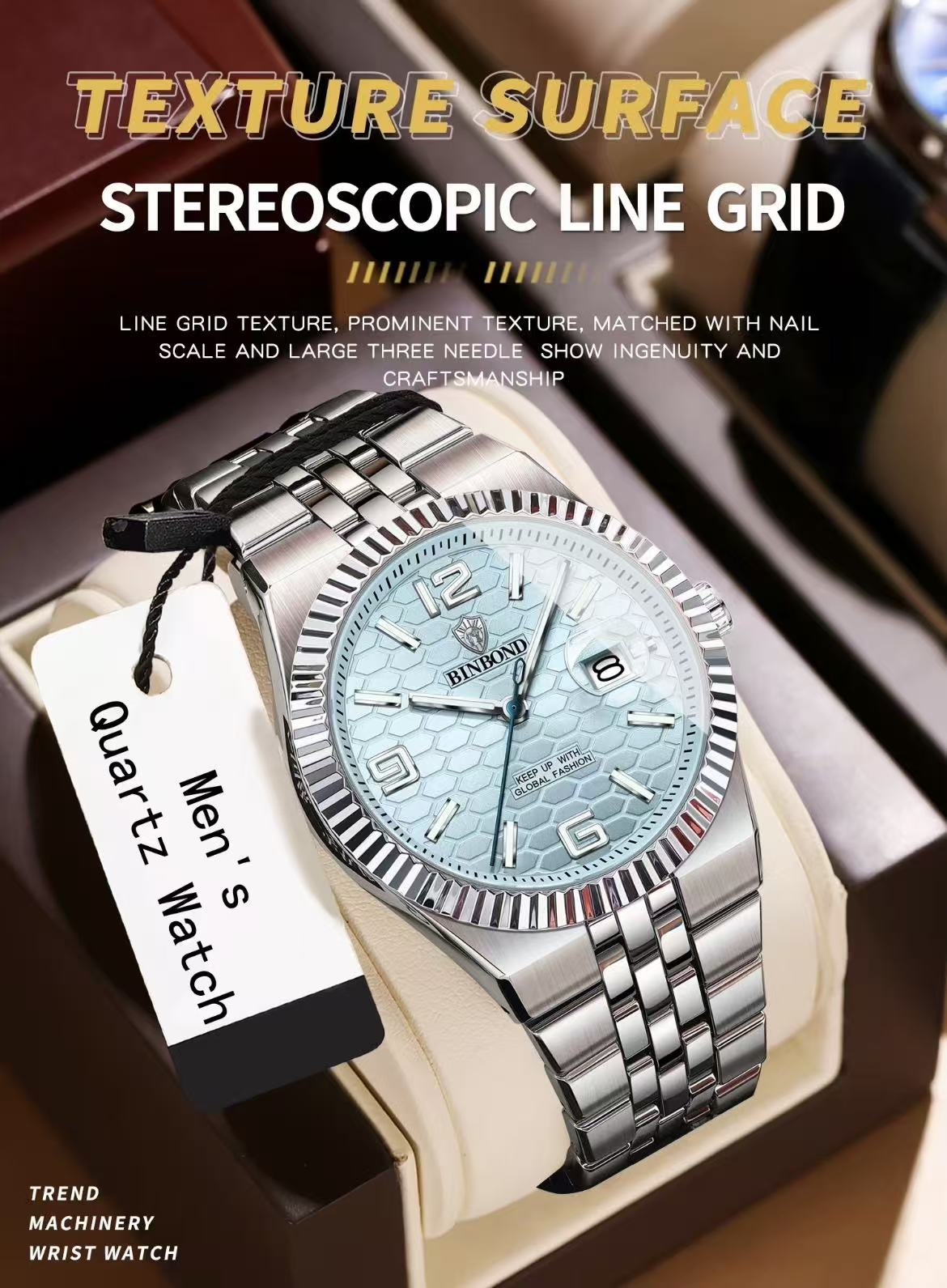 Binbond B8181 Men'S Quartz Watch, 40Mm Stainless Steel Wristwatch With 30M Waterproof, Classic Business Style