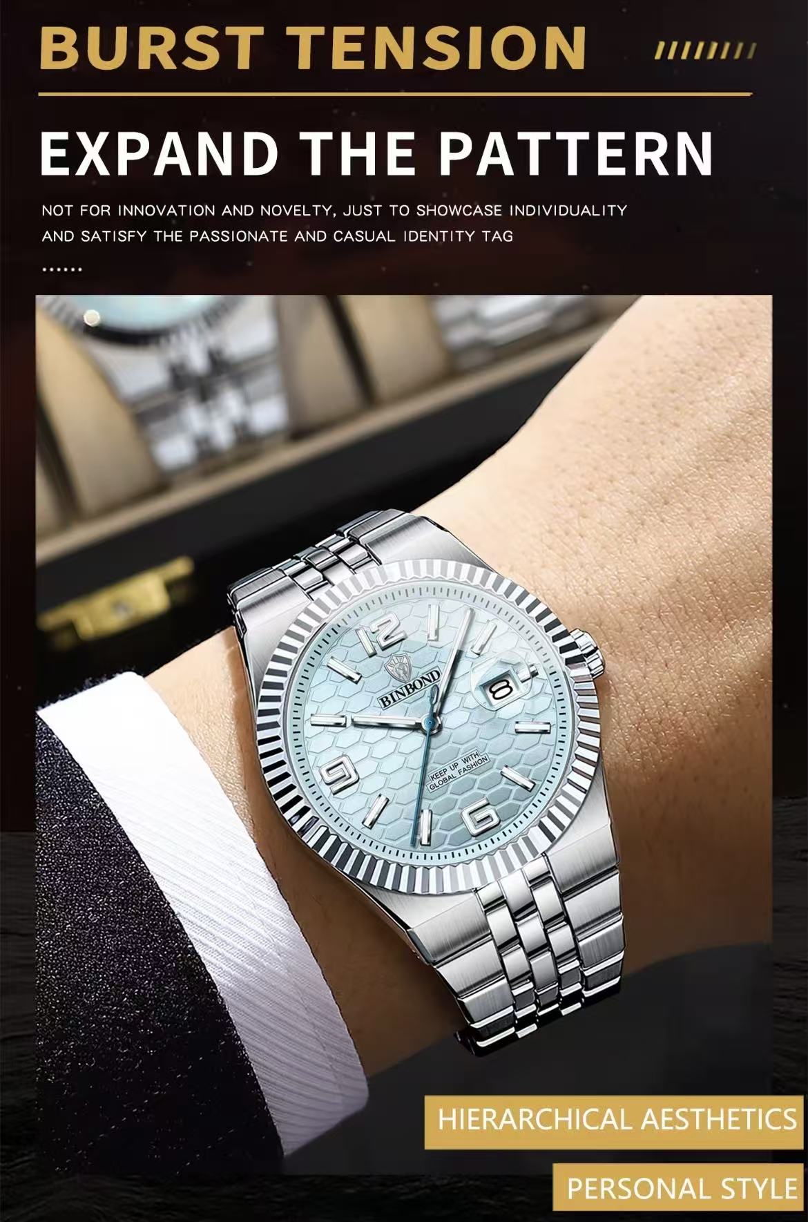 Binbond B8181 Men'S Quartz Watch, 40Mm Stainless Steel Wristwatch With 30M Waterproof, Classic Business Style