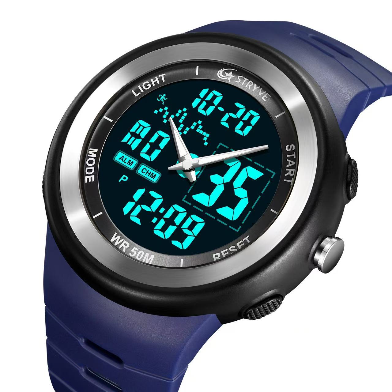 STRYVE 8035 Mens Chrono Countdown Digital 50m Waterproof Wristwatch LED Light Display Electronic Sport Watches Montre Homme