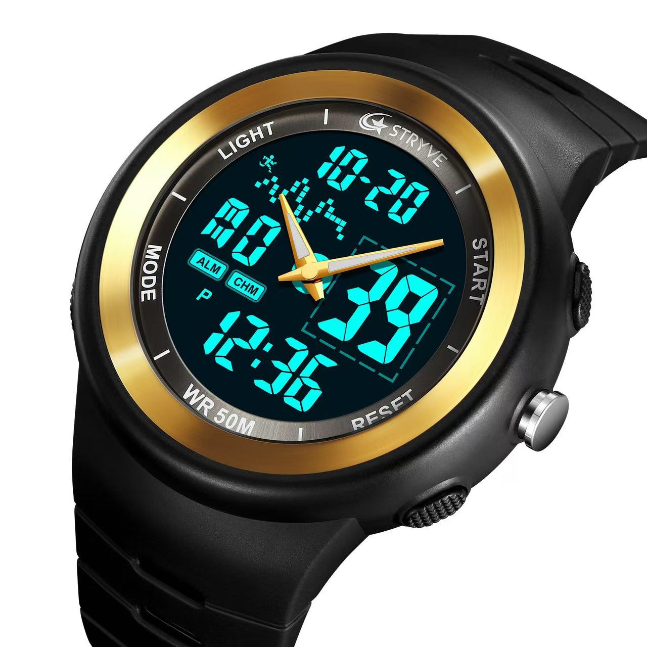 STRYVE 8035 Mens Chrono Countdown Digital 50m Waterproof Wristwatch LED Light Display Electronic Sport Watches Montre Homme
