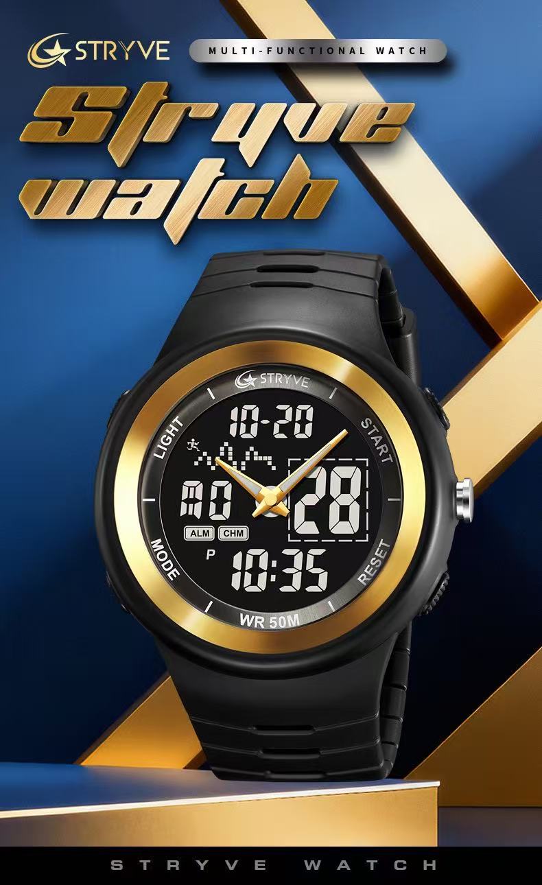 STRYVE 8035 Mens Chrono Countdown Digital 50m Waterproof Wristwatch LED Light Display Electronic Sport Watches Montre Homme