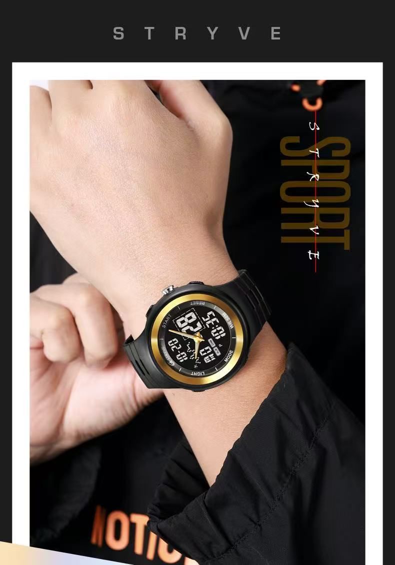 STRYVE 8035 Mens Chrono Countdown Digital 50m Waterproof Wristwatch LED Light Display Electronic Sport Watches Montre Homme