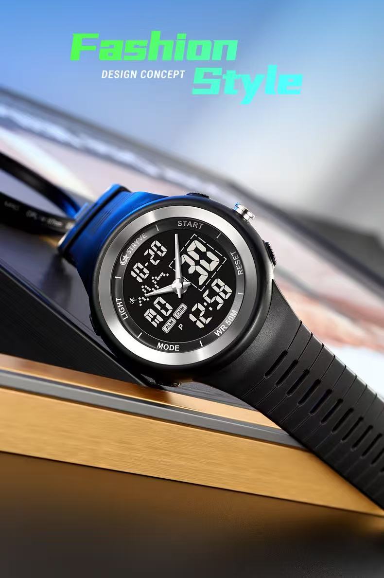STRYVE 8035 Mens Chrono Countdown Digital 50m Waterproof Wristwatch LED Light Display Electronic Sport Watches Montre Homme