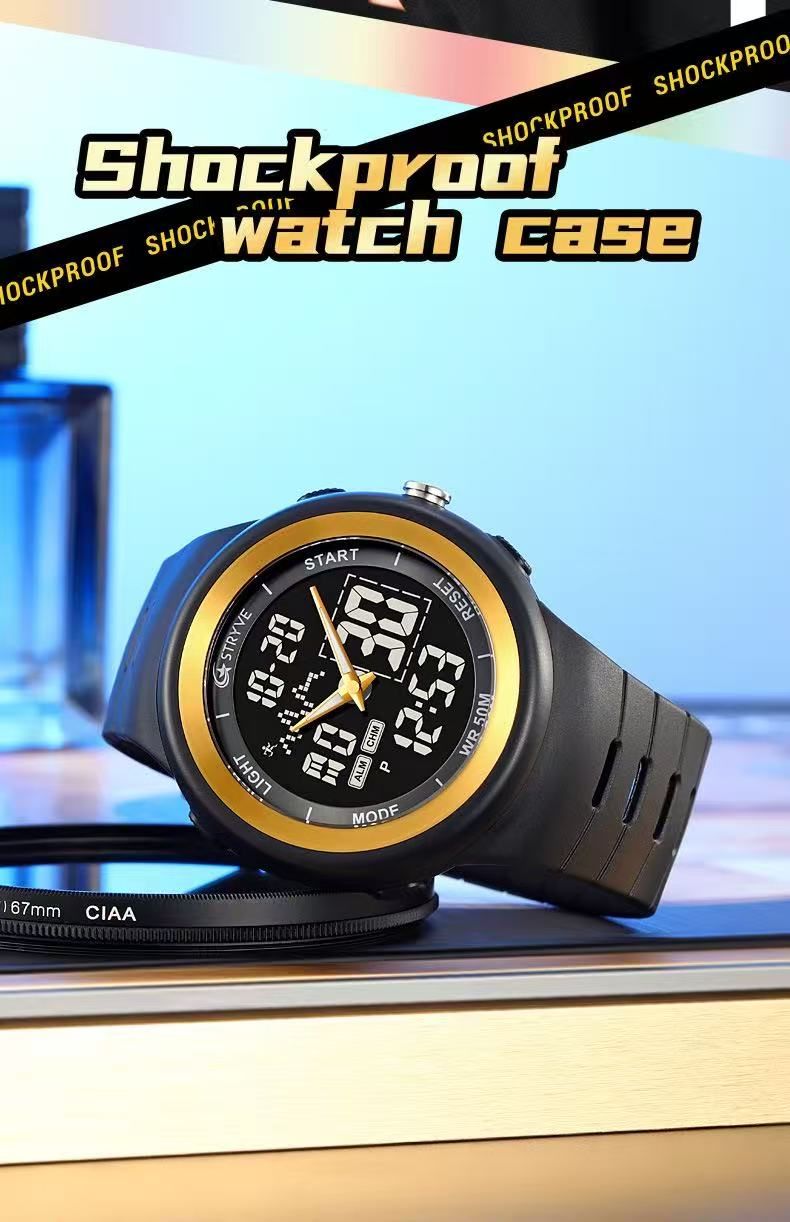 STRYVE 8035 Mens Chrono Countdown Digital 50m Waterproof Wristwatch LED Light Display Electronic Sport Watches Montre Homme