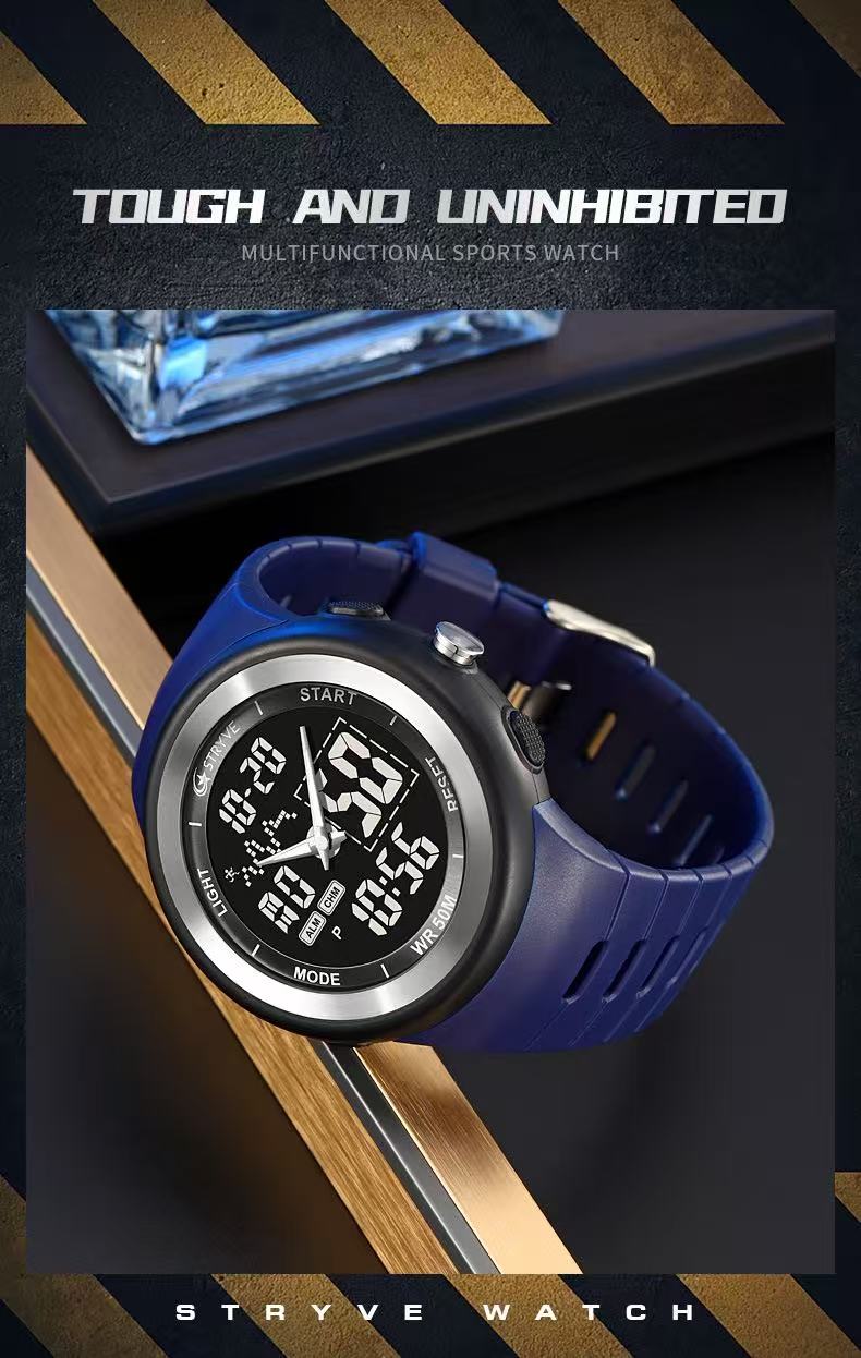 STRYVE 8035 Mens Chrono Countdown Digital 50m Waterproof Wristwatch LED Light Display Electronic Sport Watches Montre Homme