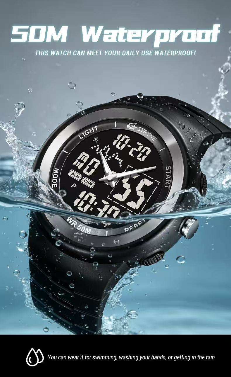 STRYVE 8035 Mens Chrono Countdown Digital 50m Waterproof Wristwatch LED Light Display Electronic Sport Watches Montre Homme
