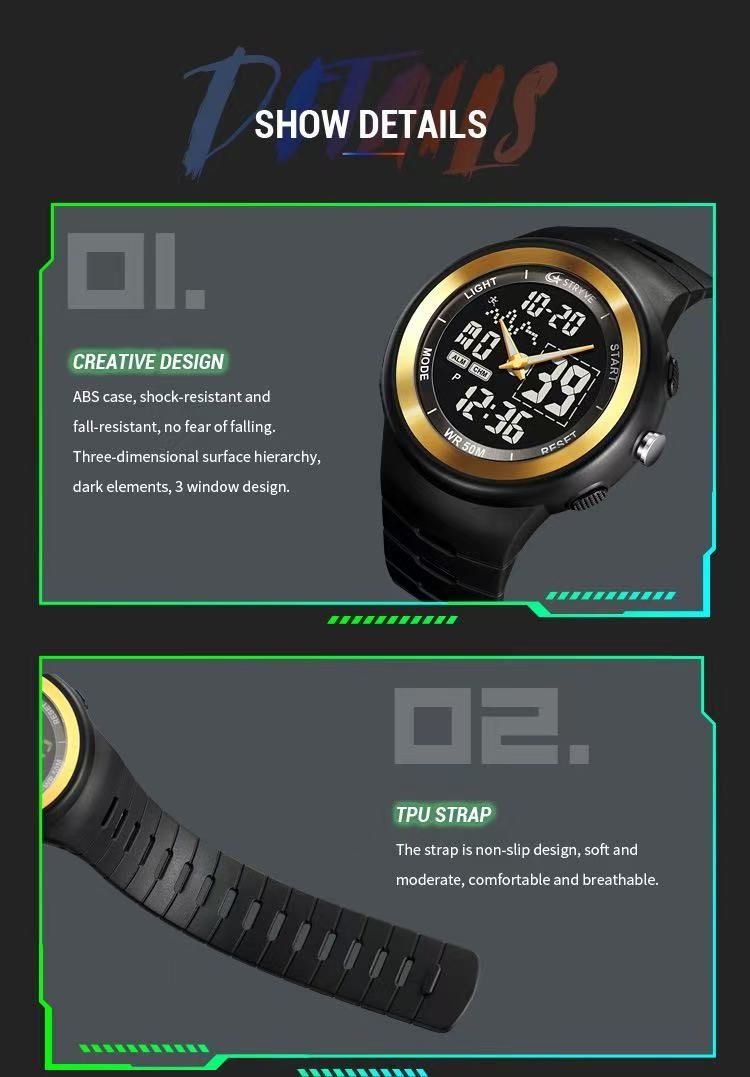 STRYVE 8035 Mens Chrono Countdown Digital 50m Waterproof Wristwatch LED Light Display Electronic Sport Watches Montre Homme