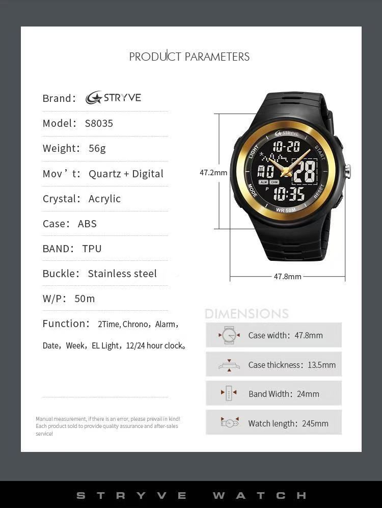 STRYVE 8035 Mens Chrono Countdown Digital 50m Waterproof Wristwatch LED Light Display Electronic Sport Watches Montre Homme