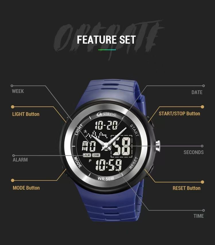 STRYVE 8035 Mens Chrono Countdown Digital 50m Waterproof Wristwatch LED Light Display Electronic Sport Watches Montre Homme