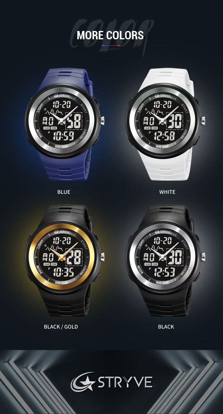STRYVE 8035 Mens Chrono Countdown Digital 50m Waterproof Wristwatch LED Light Display Electronic Sport Watches Montre Homme