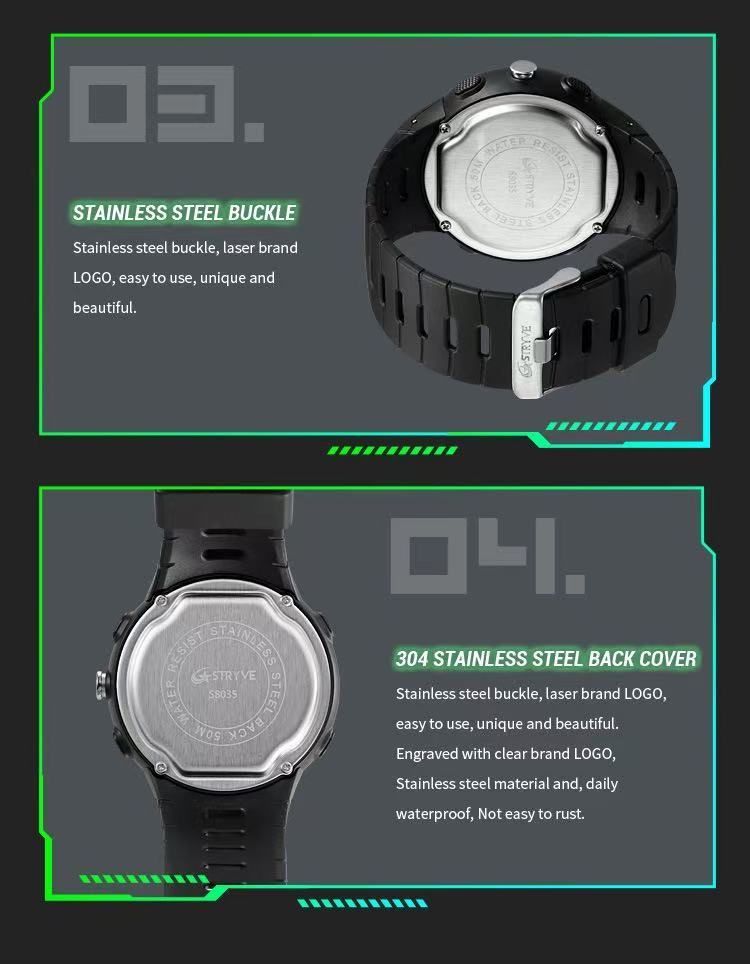 STRYVE 8035 Mens Chrono Countdown Digital 50m Waterproof Wristwatch LED Light Display Electronic Sport Watches Montre Homme